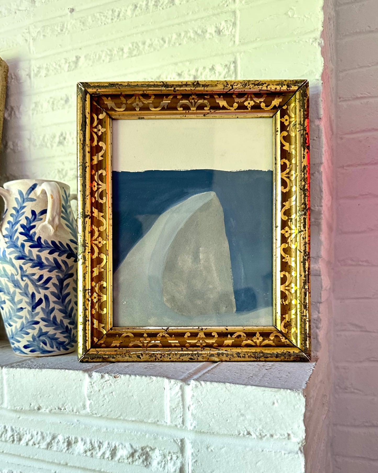 20th century abstract painting on paper in antique stenciled gilt frame