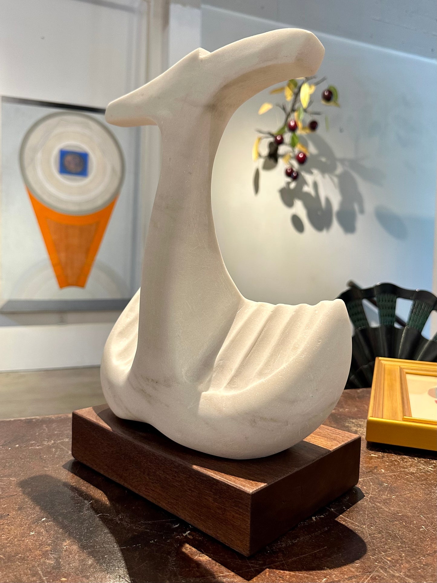 White marble sculpture by PNW artist Ted Shillock (b.1944)
