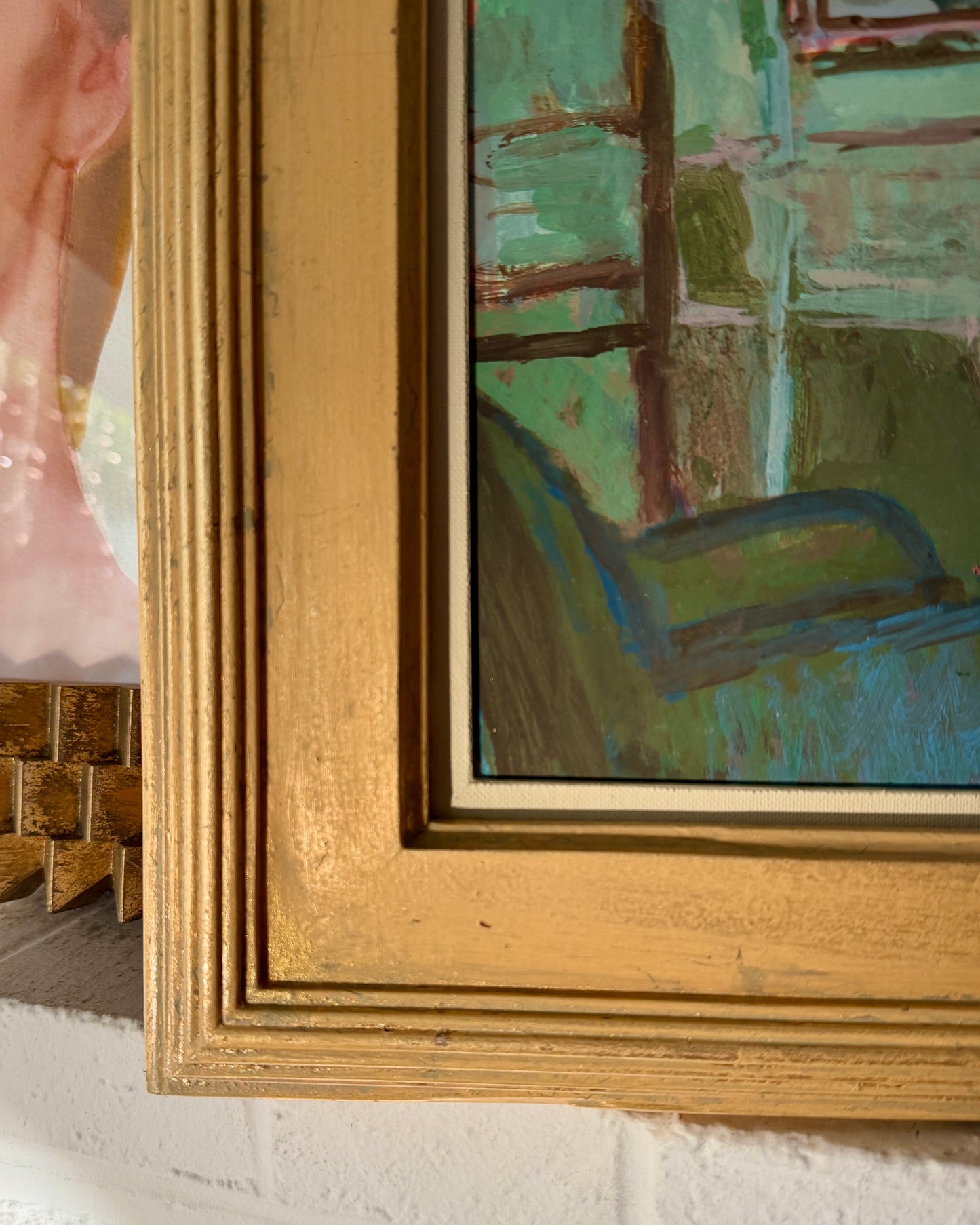 20th Century American John Mart Opie (b. 1936) Nude Vacuuming Painting on Board, Artist Framed