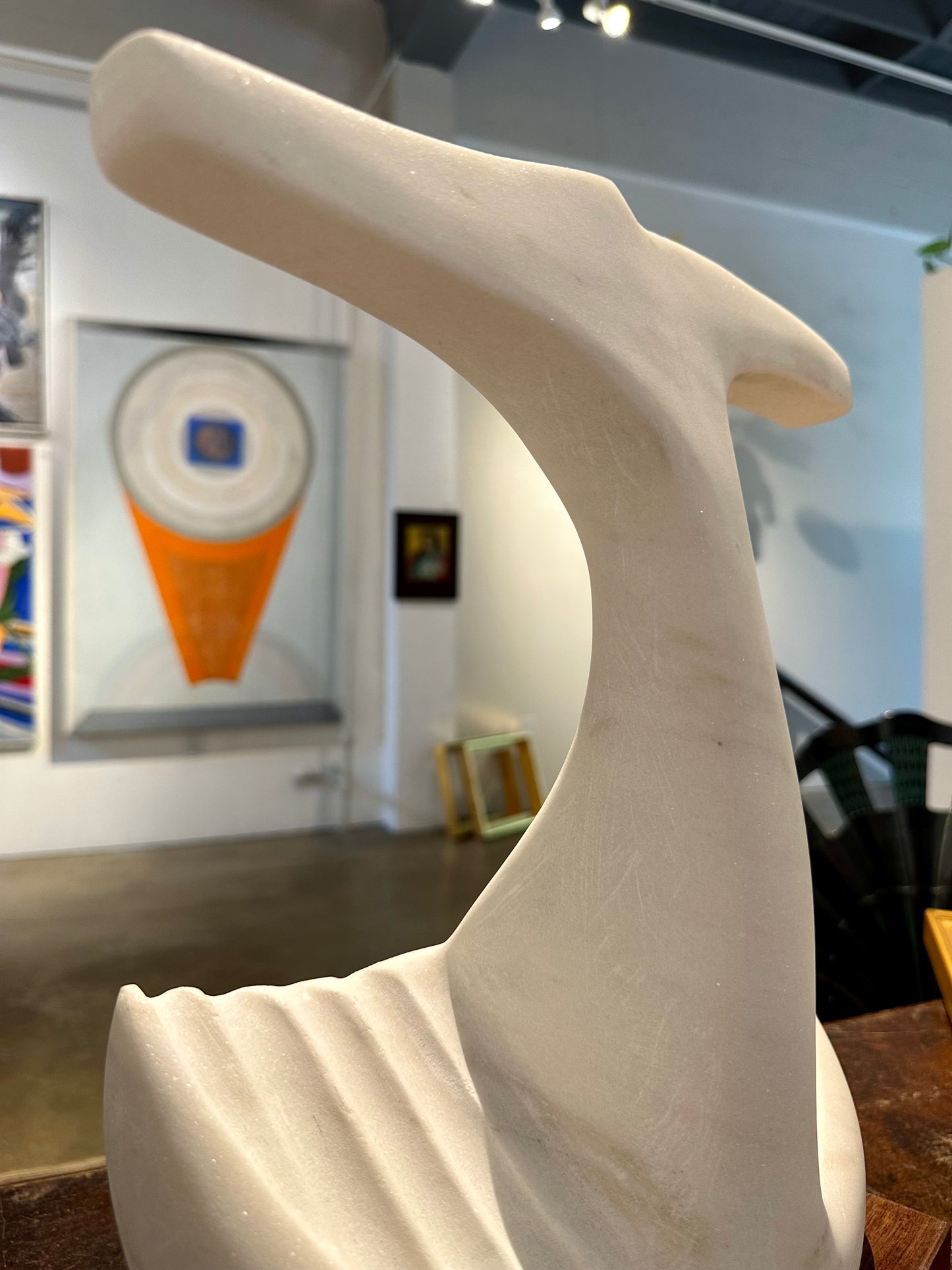 White marble sculpture by PNW artist Ted Shillock (b.1944)