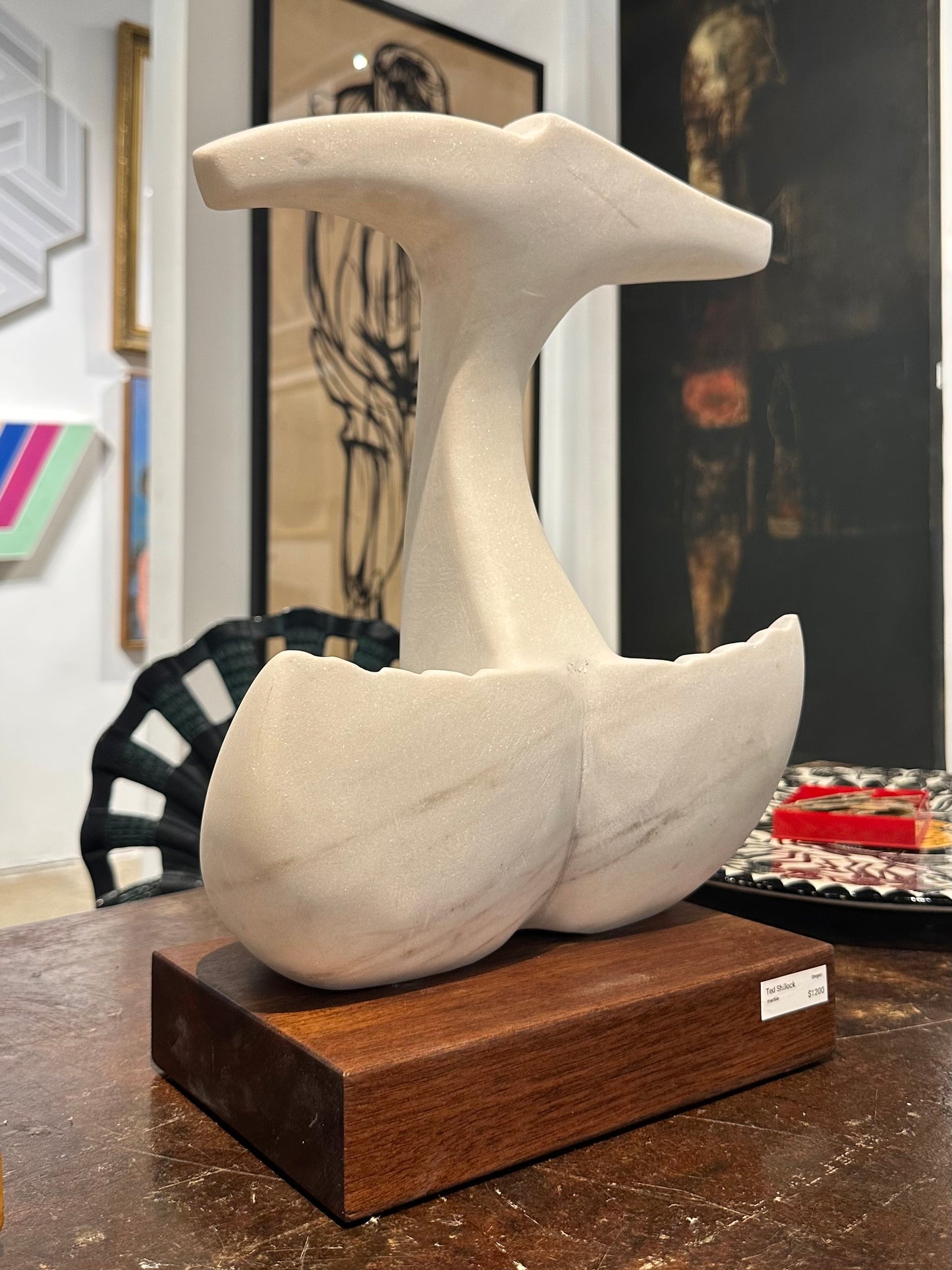 White marble sculpture by PNW artist Ted Shillock (b.1944)