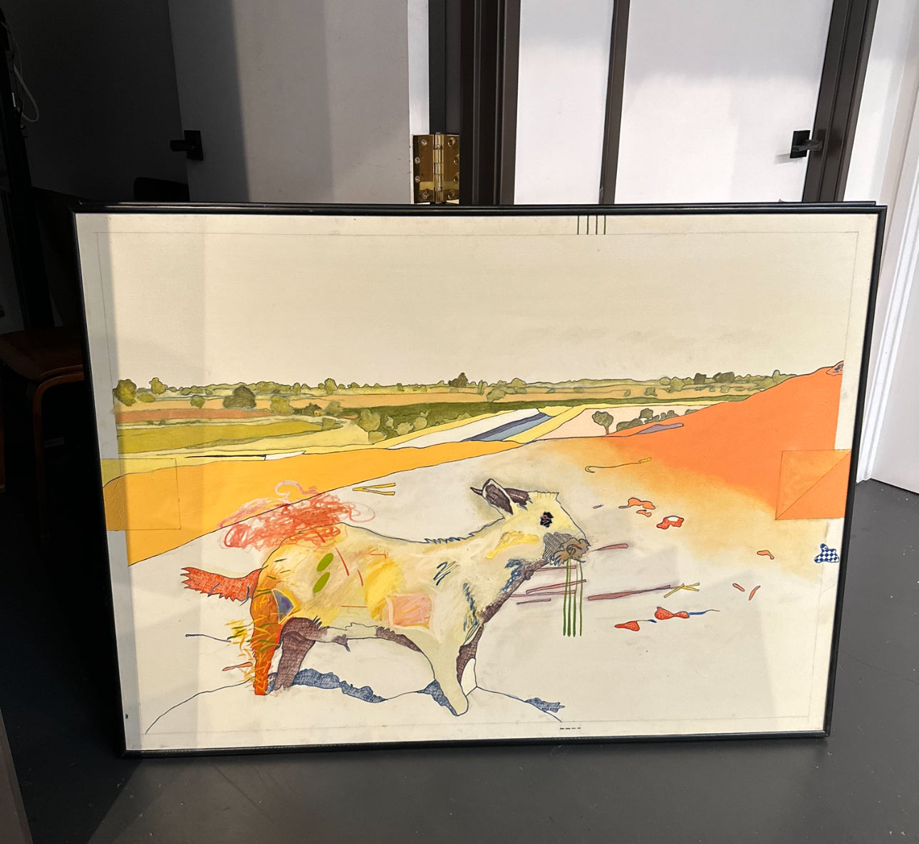 Large Scale 1977 abstract landscape with goat, oil on canvas