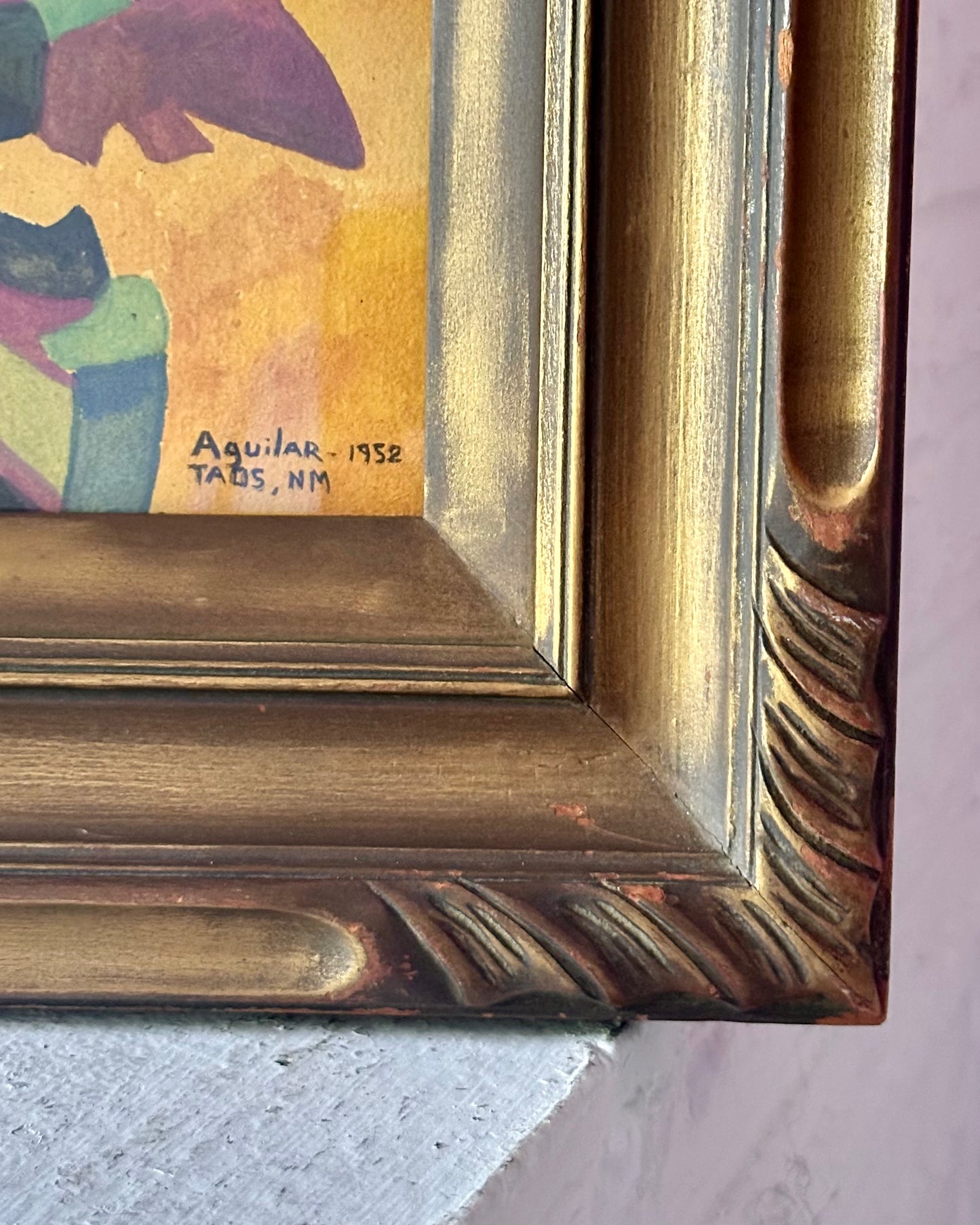 1952 Abstract Signed Paint on Paper, Taos New Mexico, Vintage Carved Wood Frame