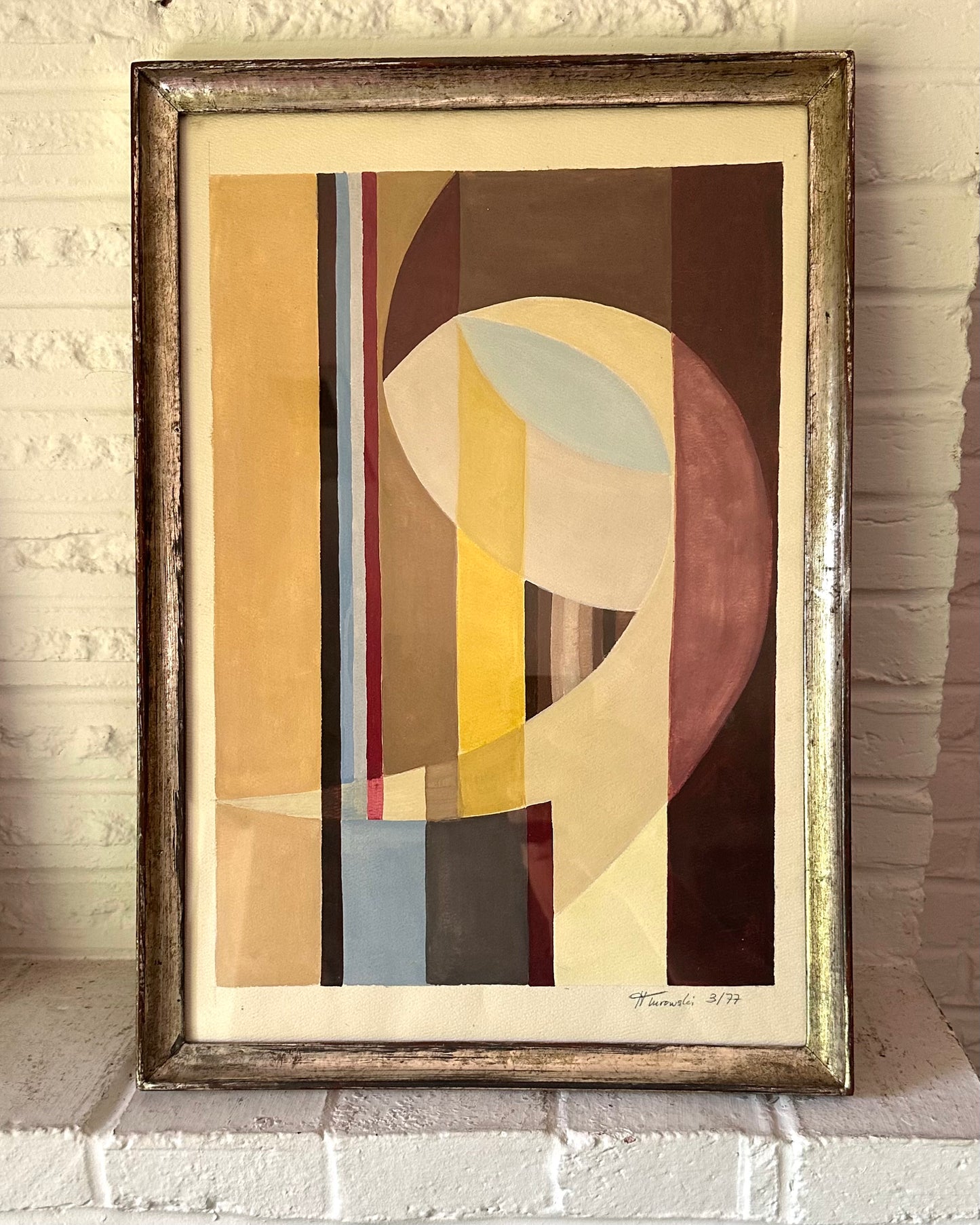 1977 Abstract Watercolor, signed H. Turowski, 19th century silver gilt frame