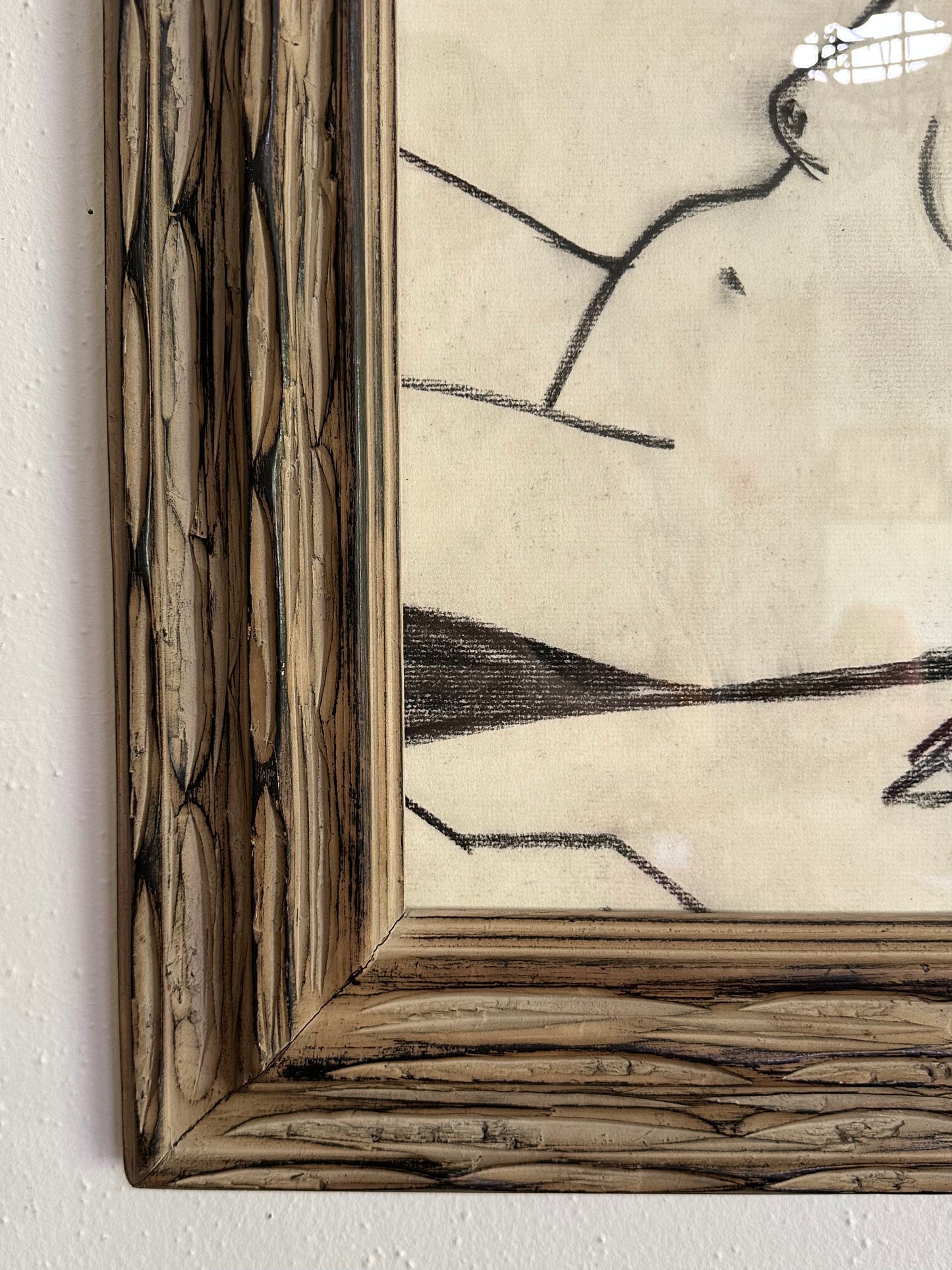 1960s Roger Long charcoal drawing seated nude in vintage carved wood frame