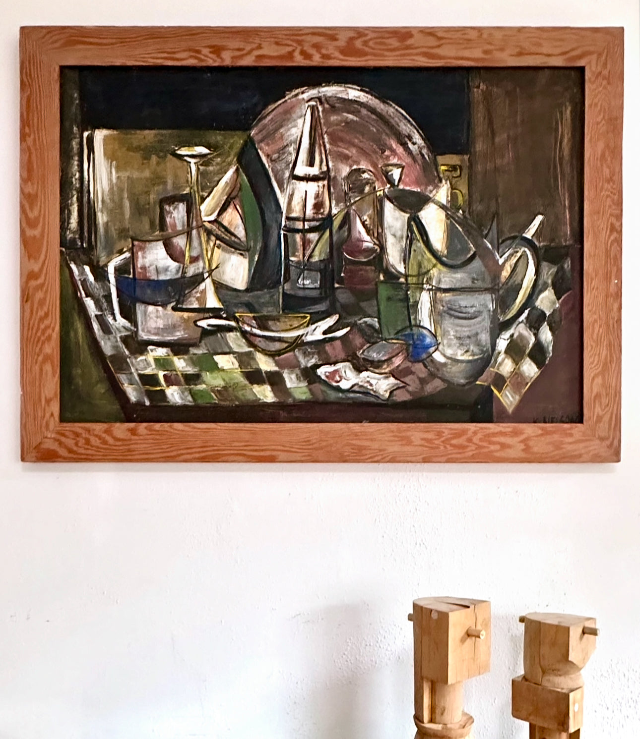 1960s large oil on canvas signed Cubist still life with original frame