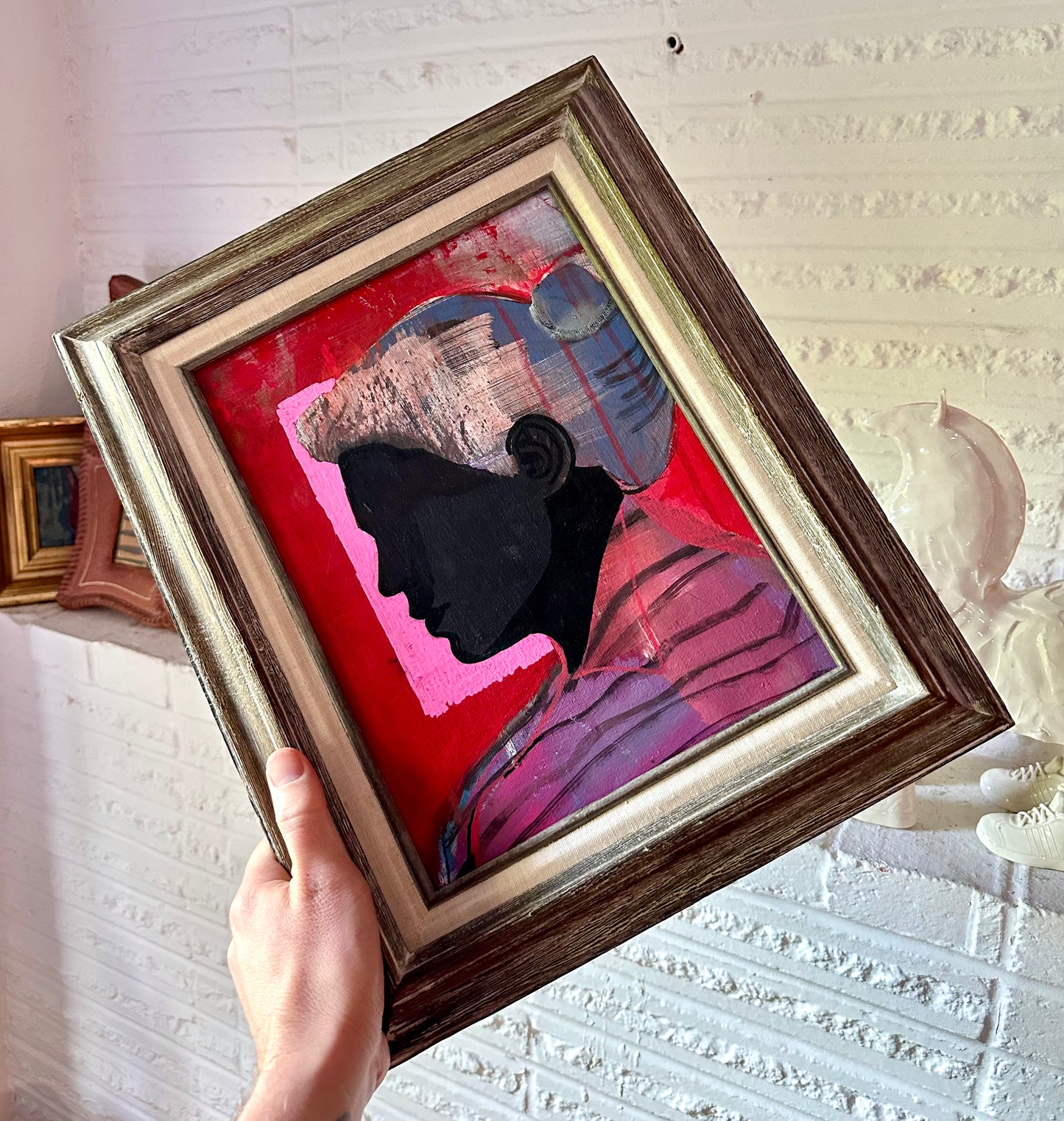 Contemporary abstract silhouette portrait painting in vintage wood frame
