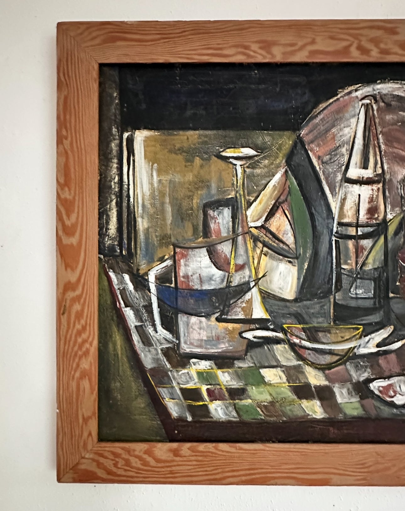 1960s large oil on canvas signed Cubist still life with original frame