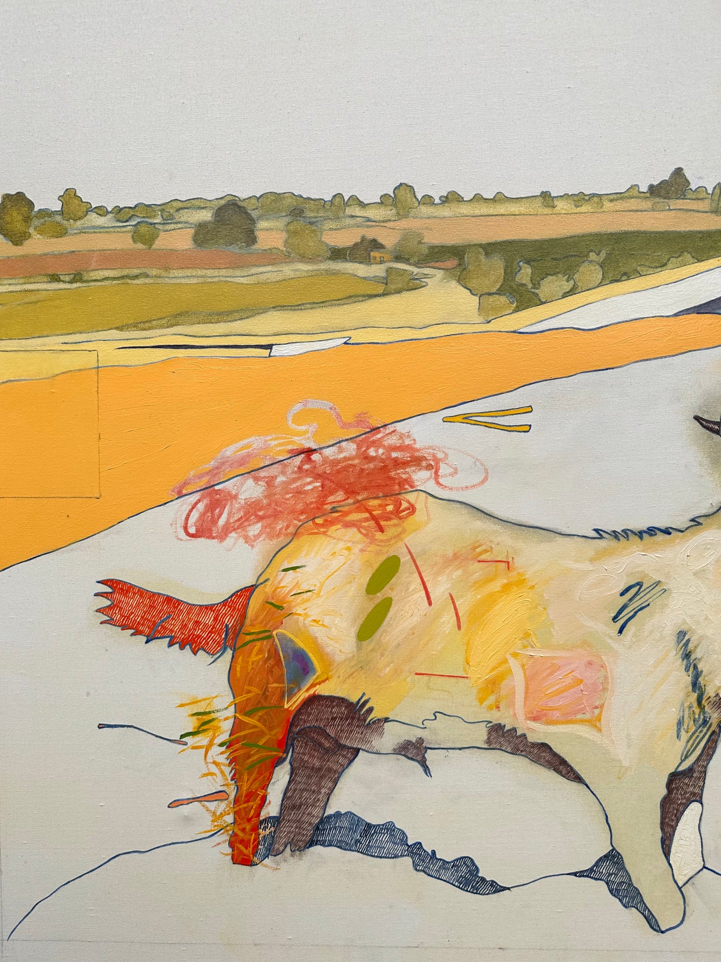 Large Scale 1977 abstract landscape with goat, oil on canvas