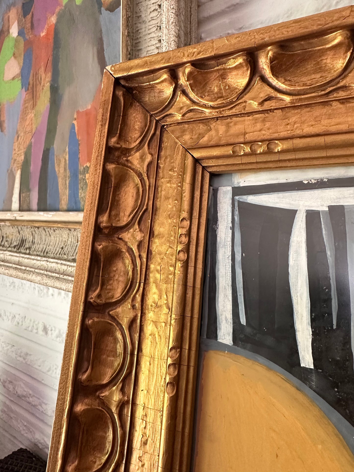 1950s original cubist painting in vintage carved wood frame