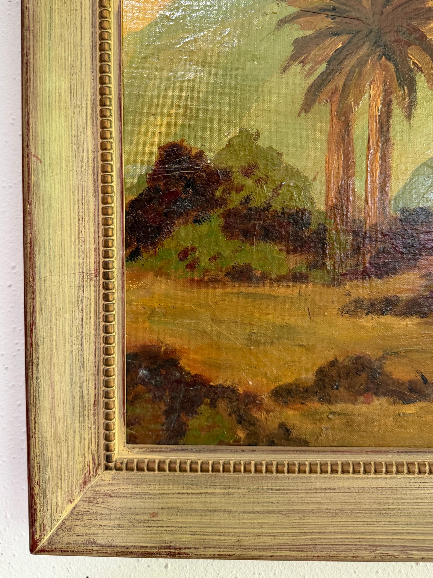 Signed 1960 David Slader Oil Painting Desert Palm Landscape in Vintage Frame