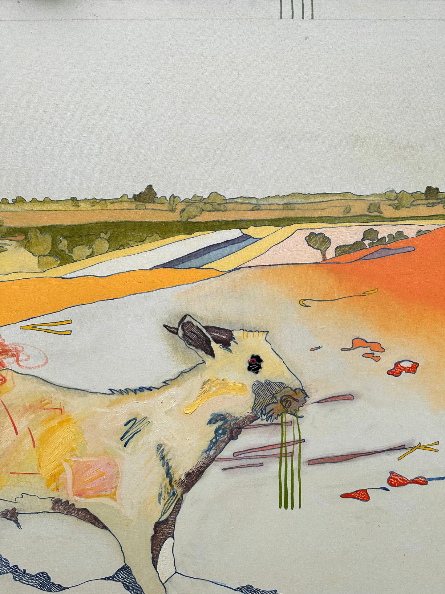 Large Scale 1977 abstract landscape with goat, oil on canvas