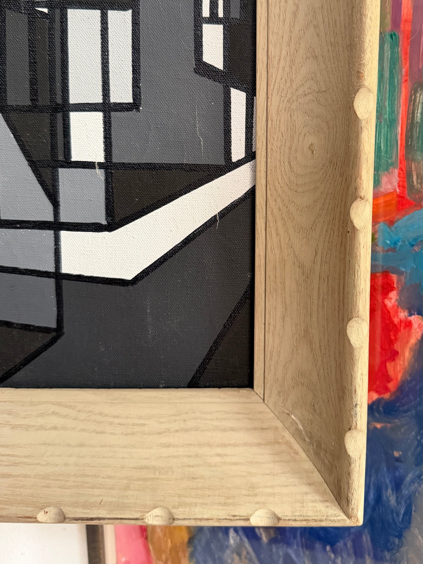 20th century geometric abstract paint on canvas, vintage cove frame