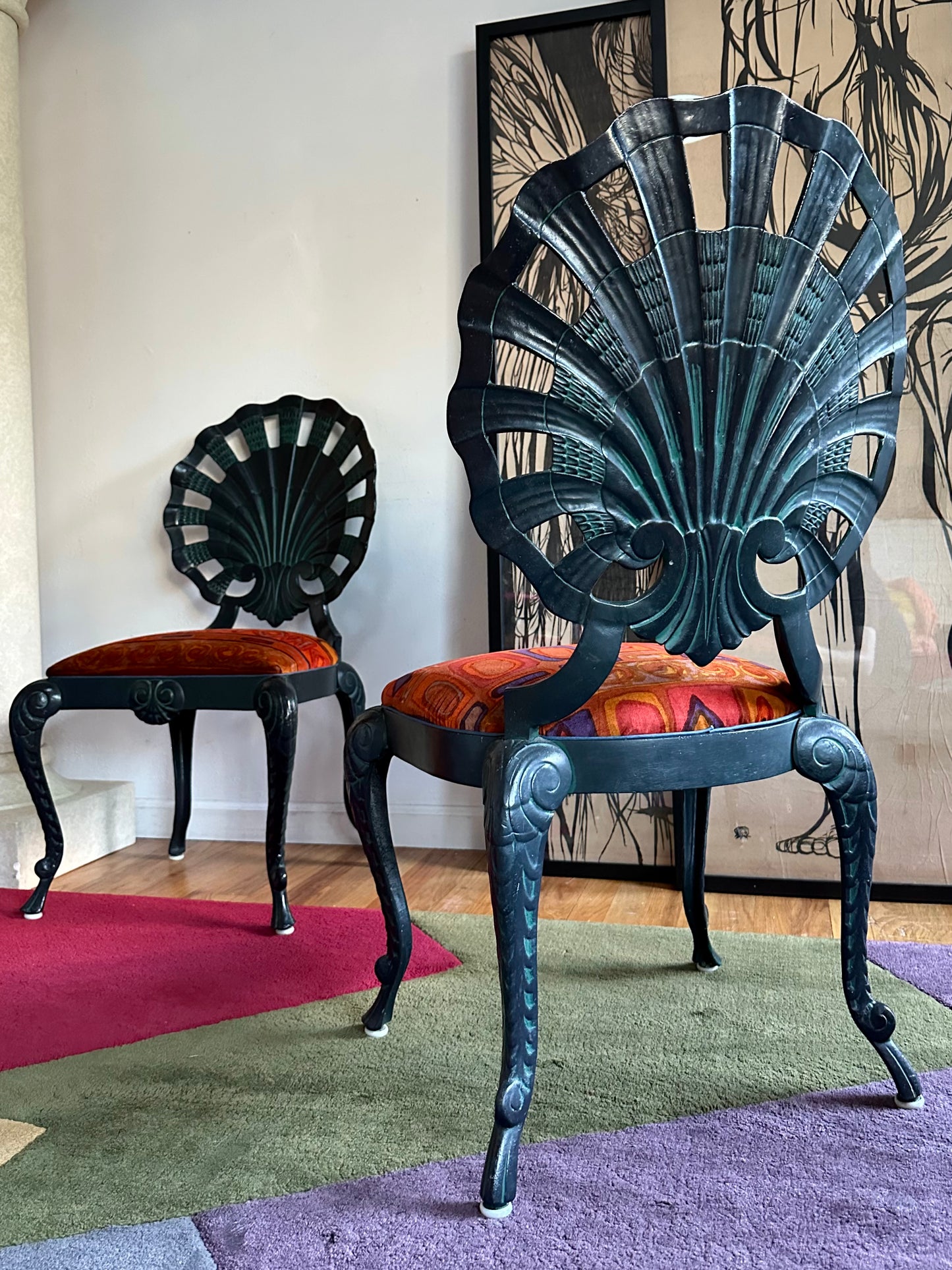 Pair of Vintage Grotto Chairs with Jack Lenor Larsen Upholstered seats