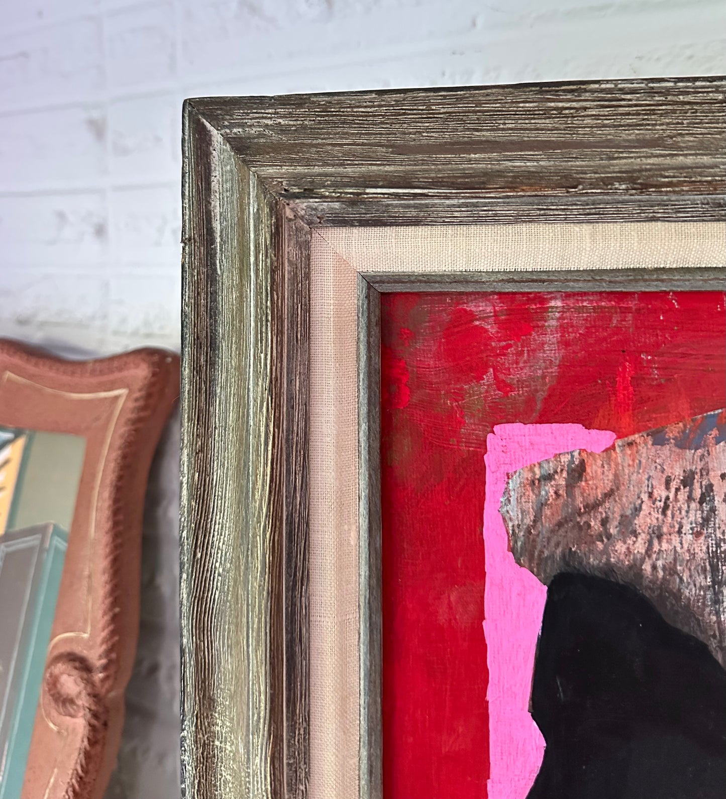 Contemporary abstract silhouette portrait painting in vintage wood frame