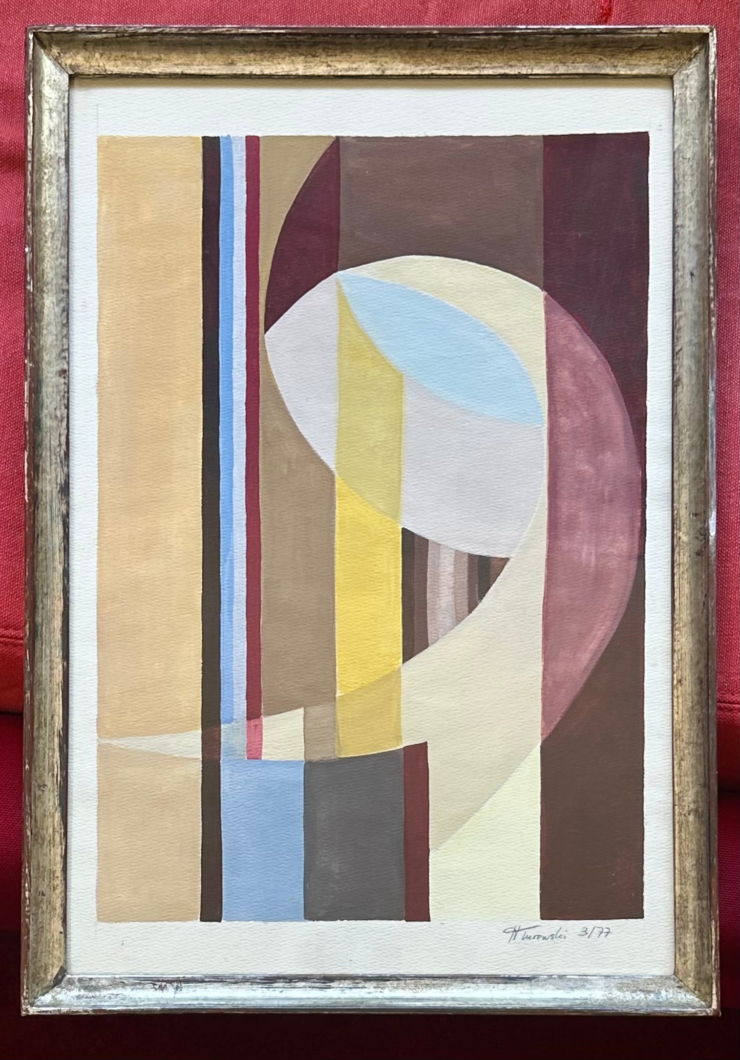1977 Abstract Watercolor, signed H. Turowski, 19th century silver gilt frame