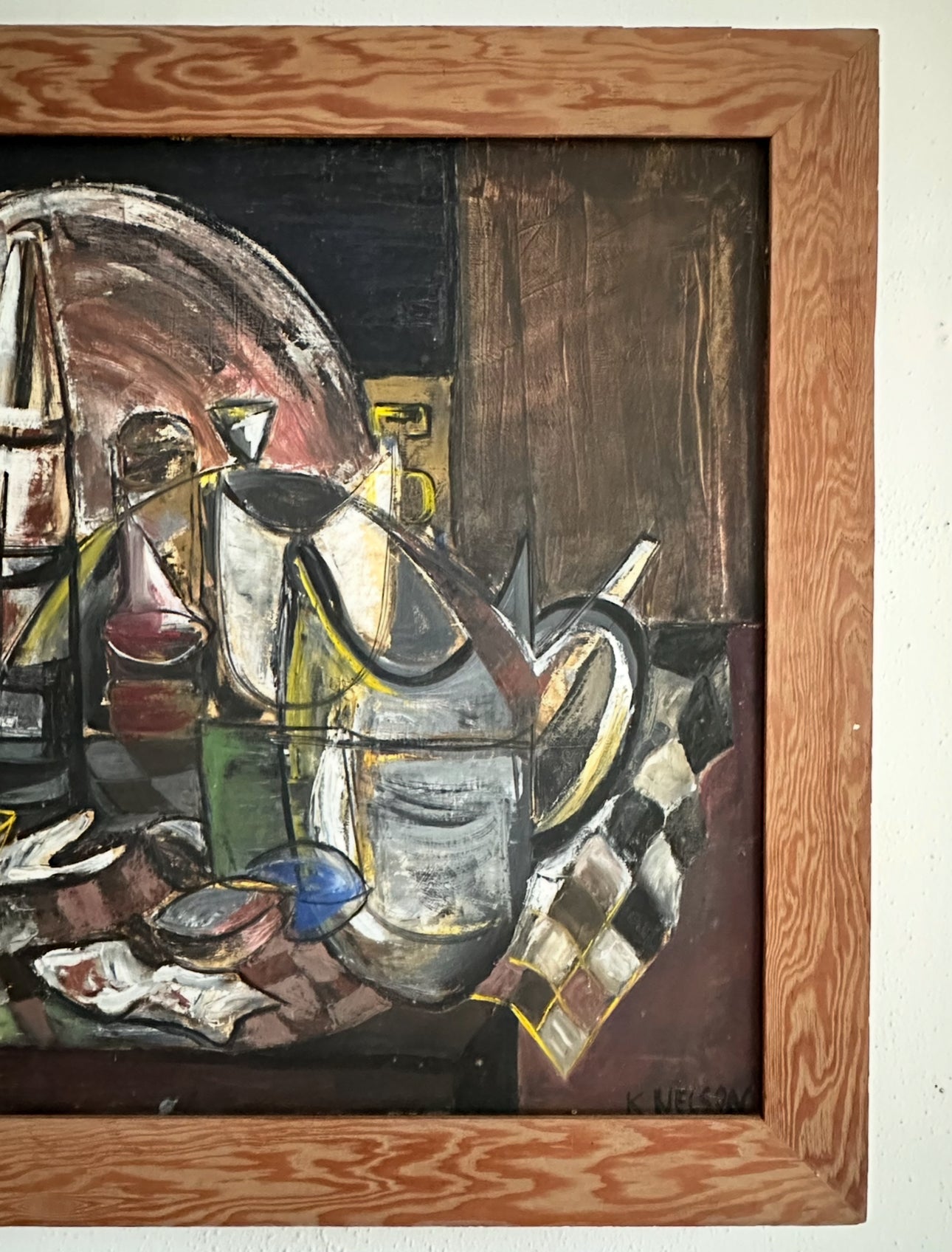 1960s large oil on canvas signed Cubist still life with original frame