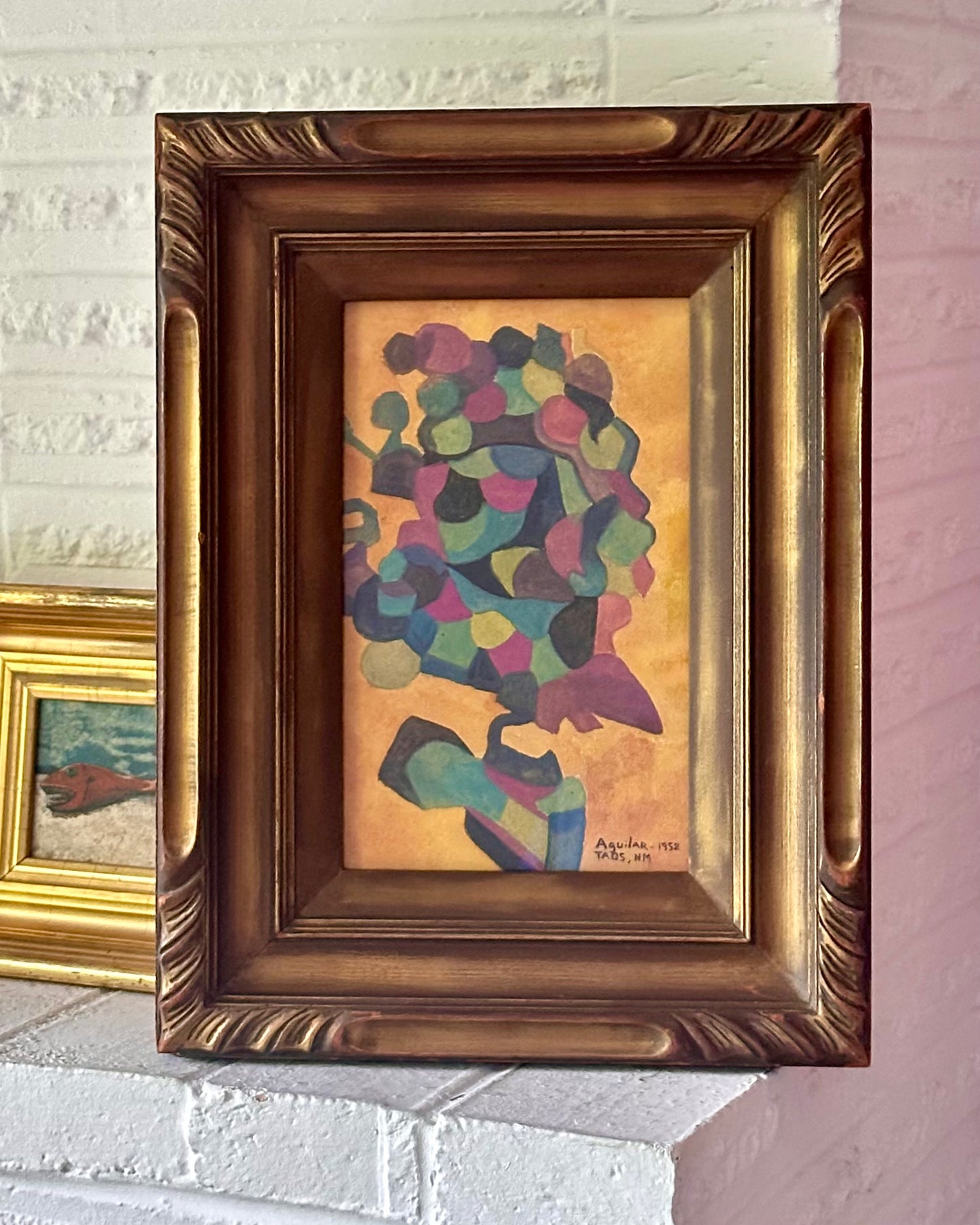 1952 Abstract Signed Paint on Paper, Taos New Mexico, Vintage Carved Wood Frame