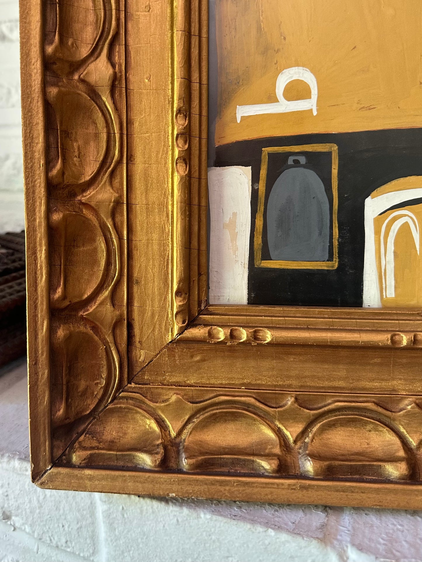 1950s original cubist painting in vintage carved wood frame