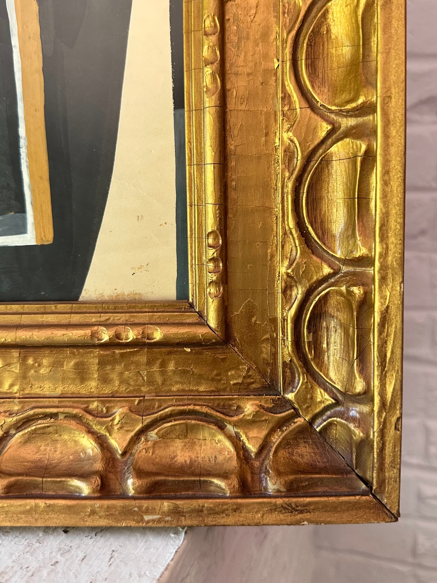 1950s original cubist painting in vintage carved wood frame