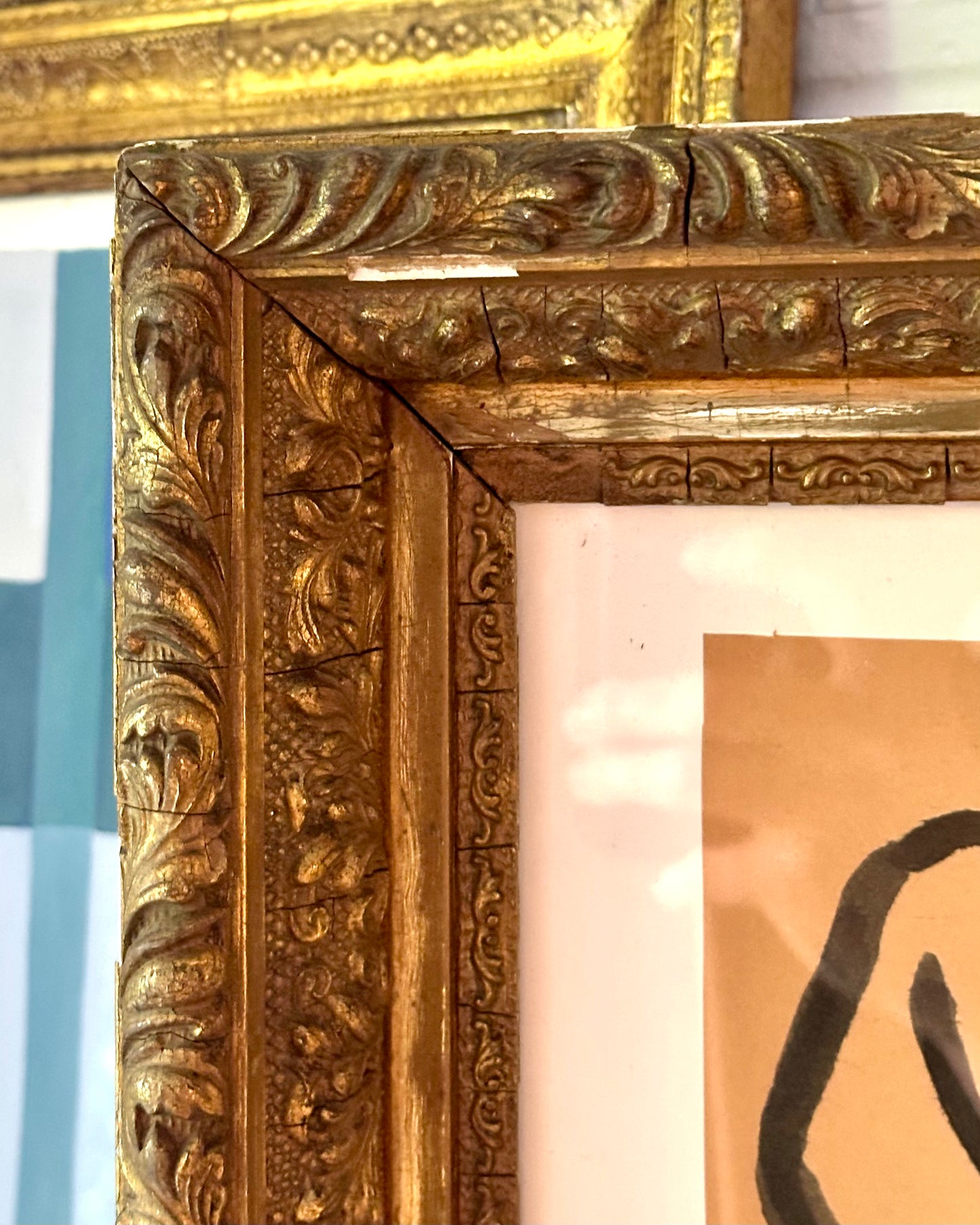 1967 abstracted figure drawing in ink on paper, 19th century ornate gilt frame