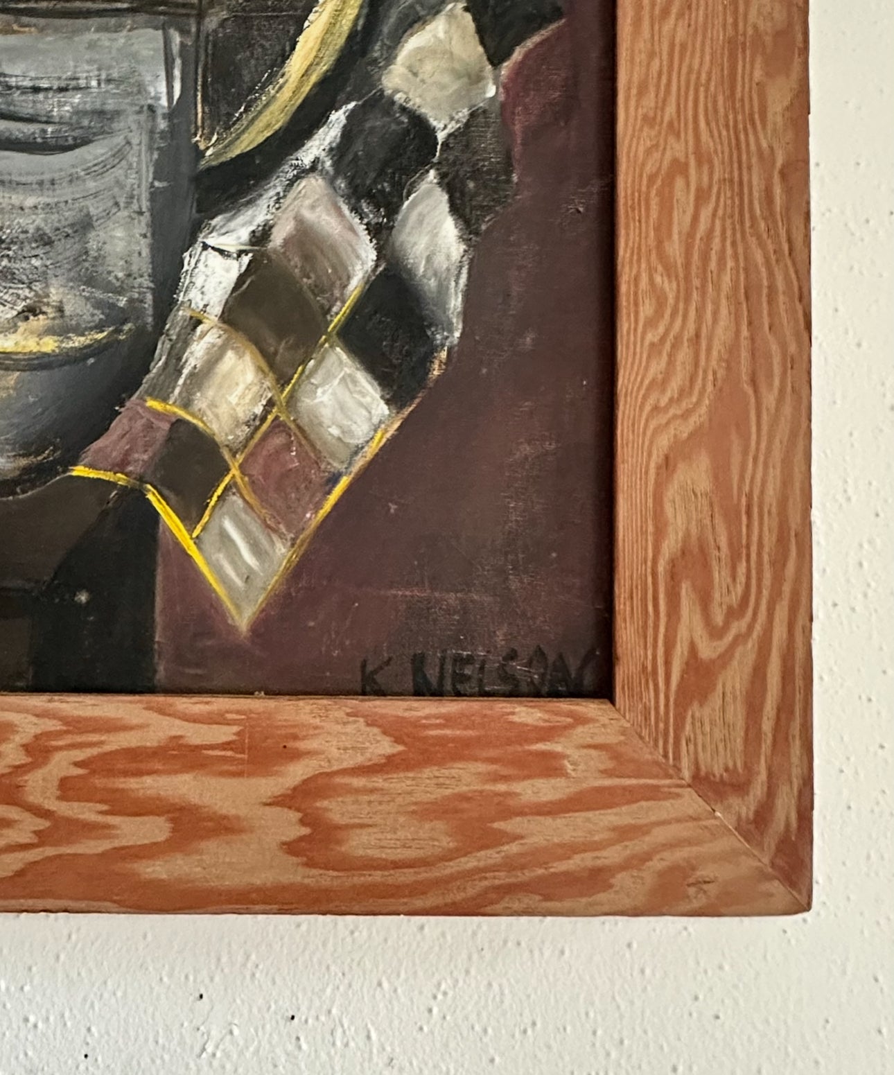1960s large oil on canvas signed Cubist still life with original frame