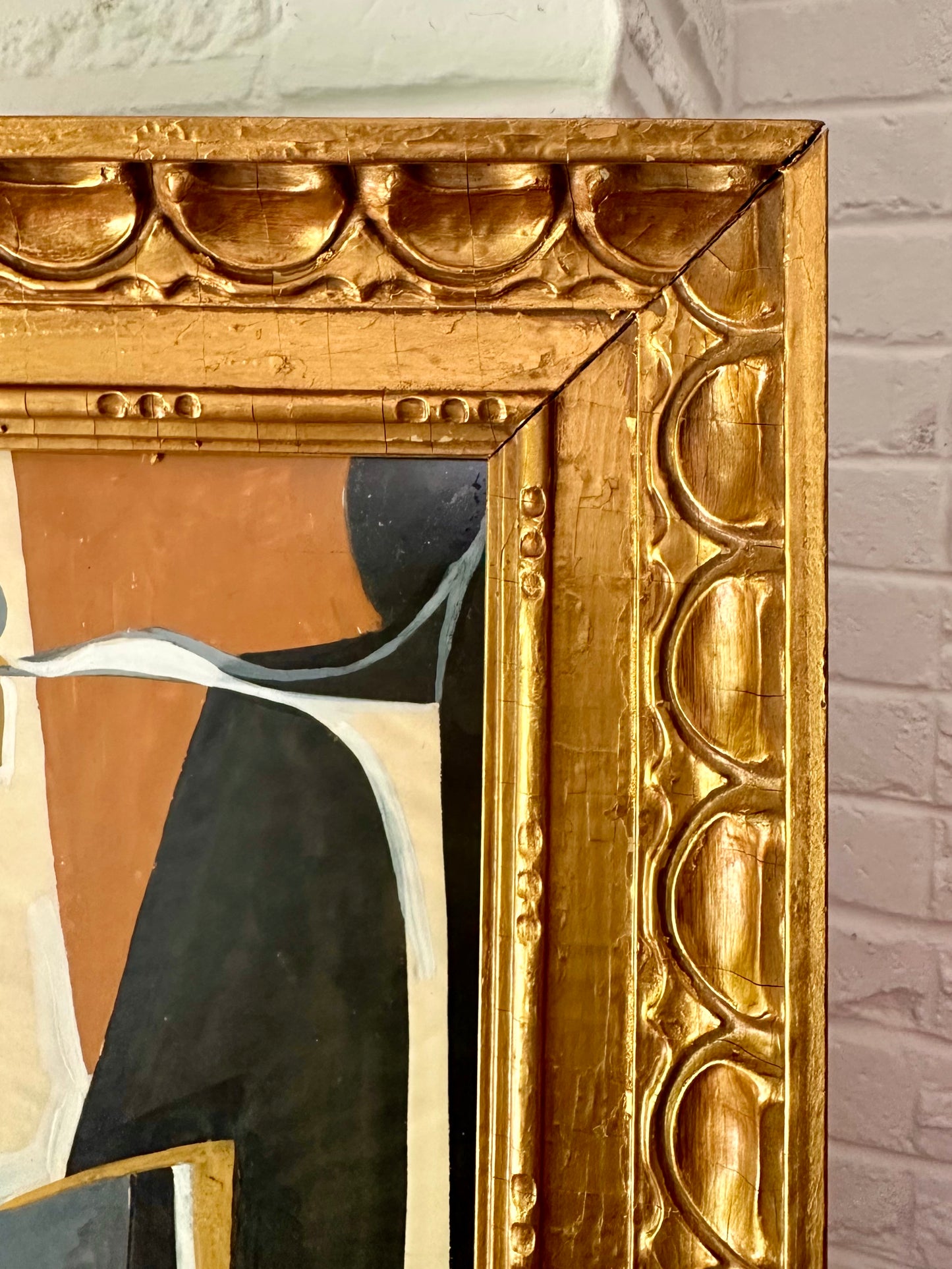 1950s original cubist painting in vintage carved wood frame