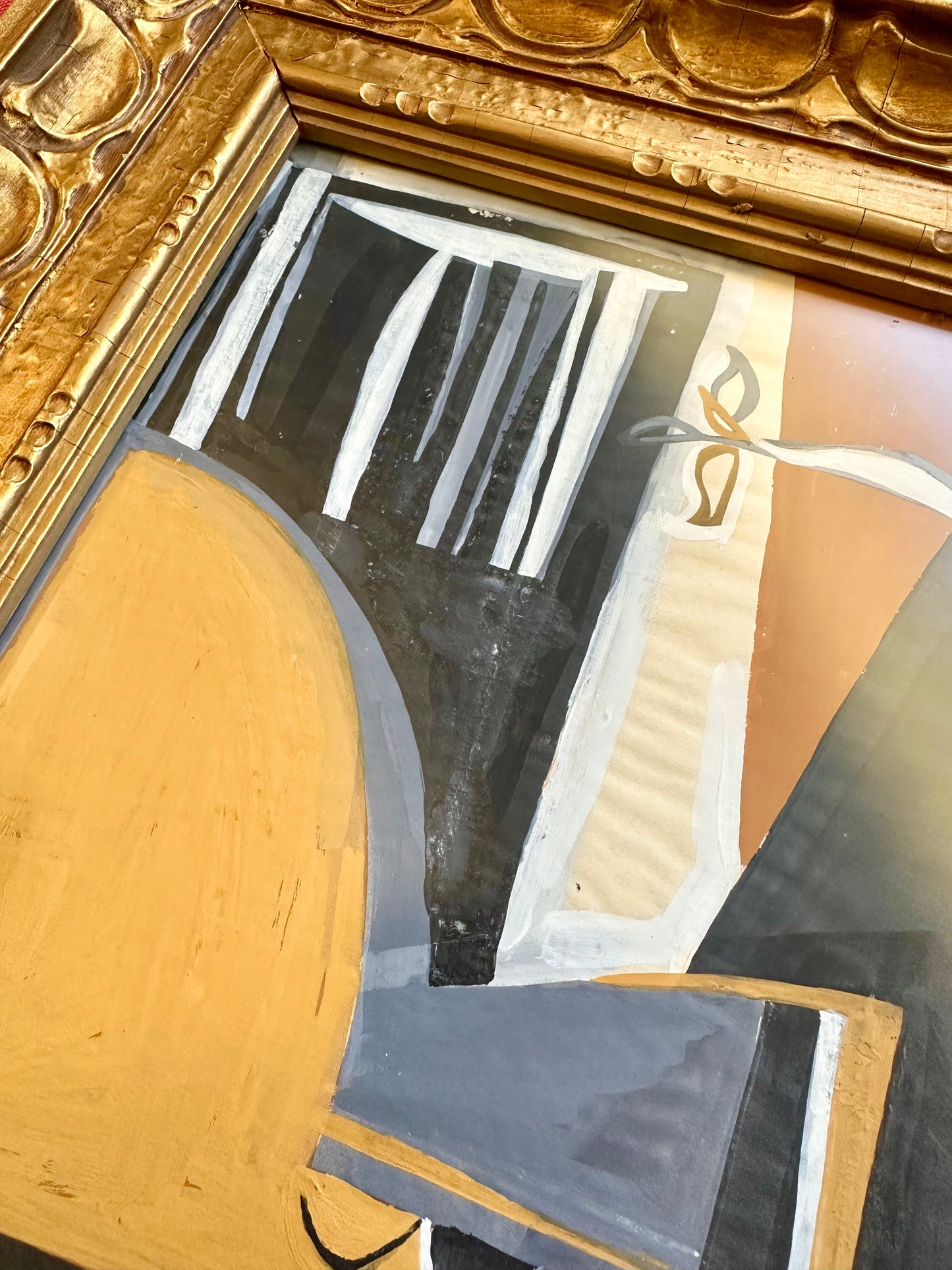 1950s original cubist painting in vintage carved wood frame