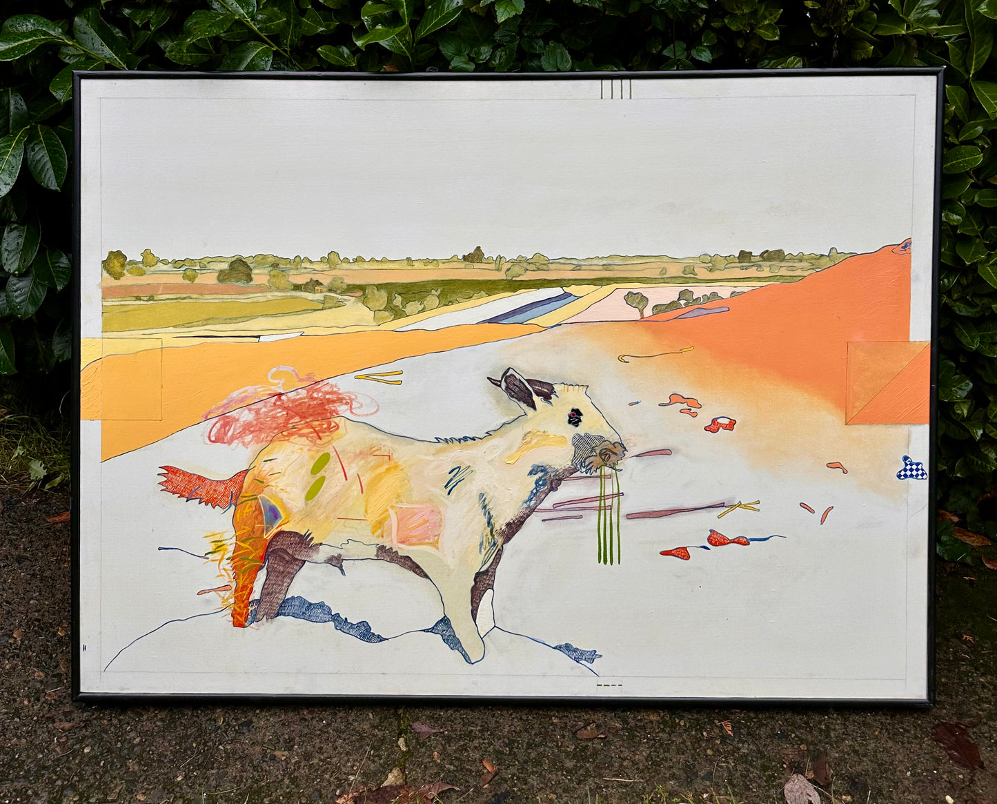 Large Scale 1977 abstract landscape with goat, oil on canvas