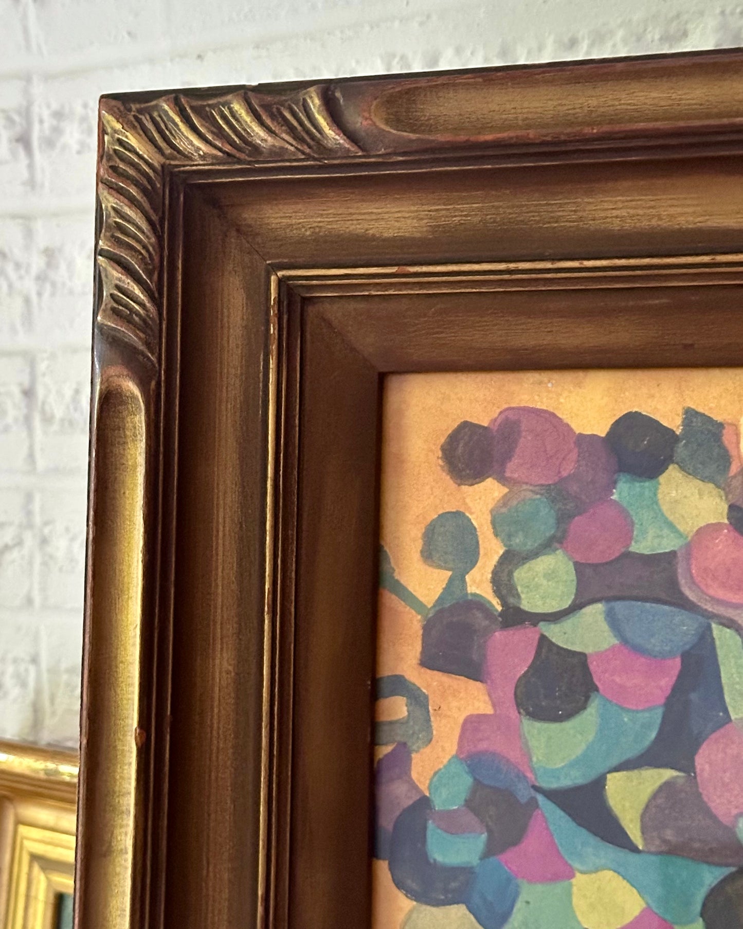 1952 Abstract Signed Paint on Paper, Taos New Mexico, Vintage Carved Wood Frame