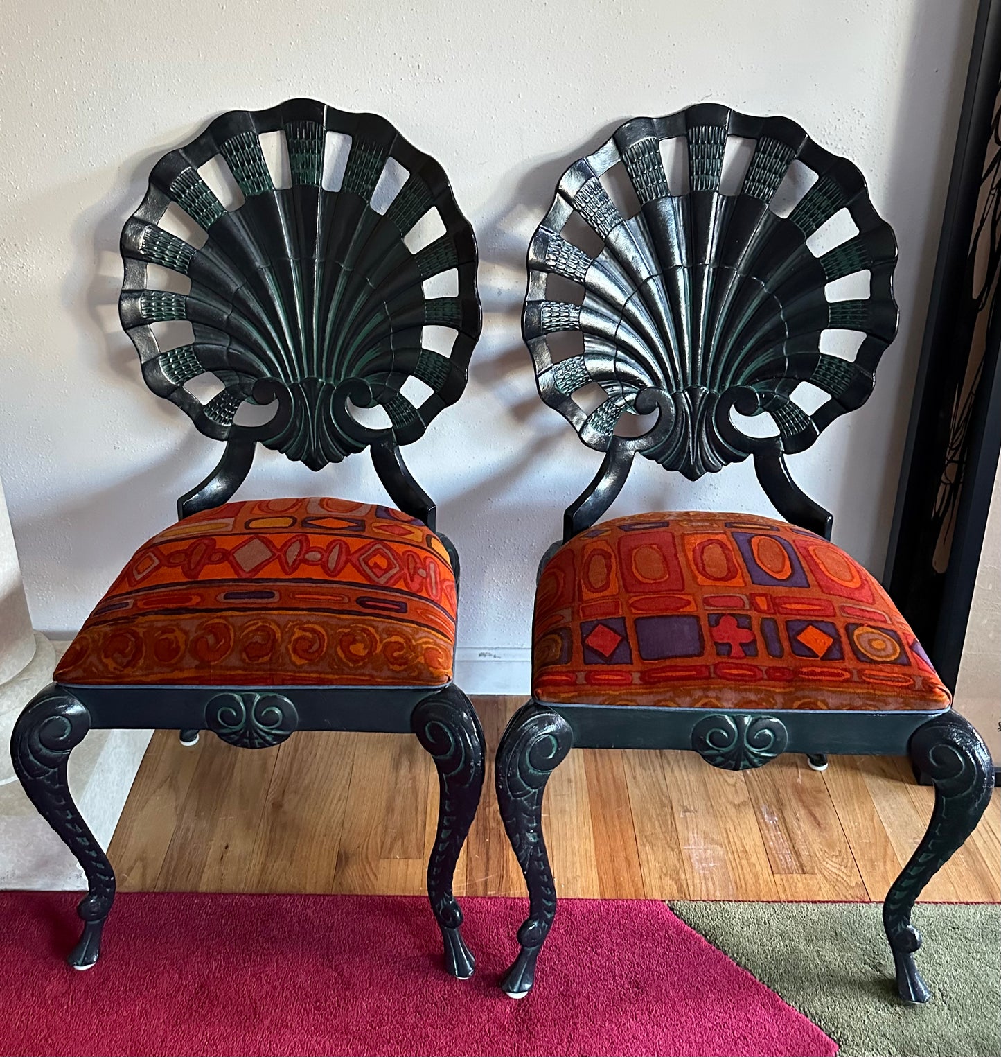 Pair of Vintage Grotto Chairs with Jack Lenor Larsen Upholstered seats
