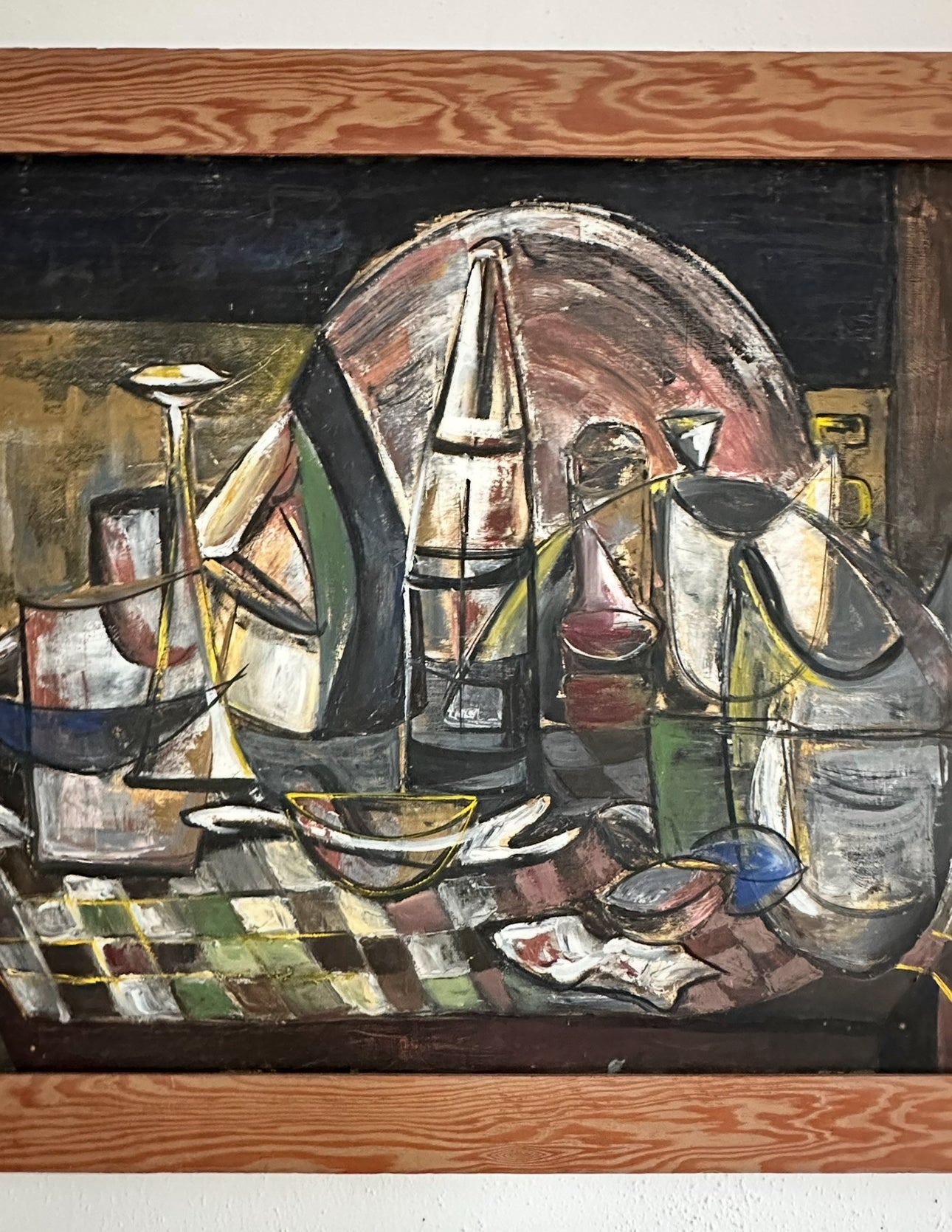 1960s large oil on canvas signed Cubist still life with original frame