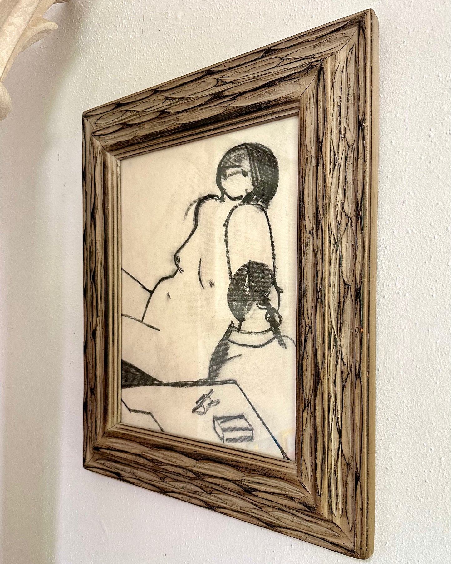 1960s Roger Long charcoal drawing seated nude in vintage carved wood frame