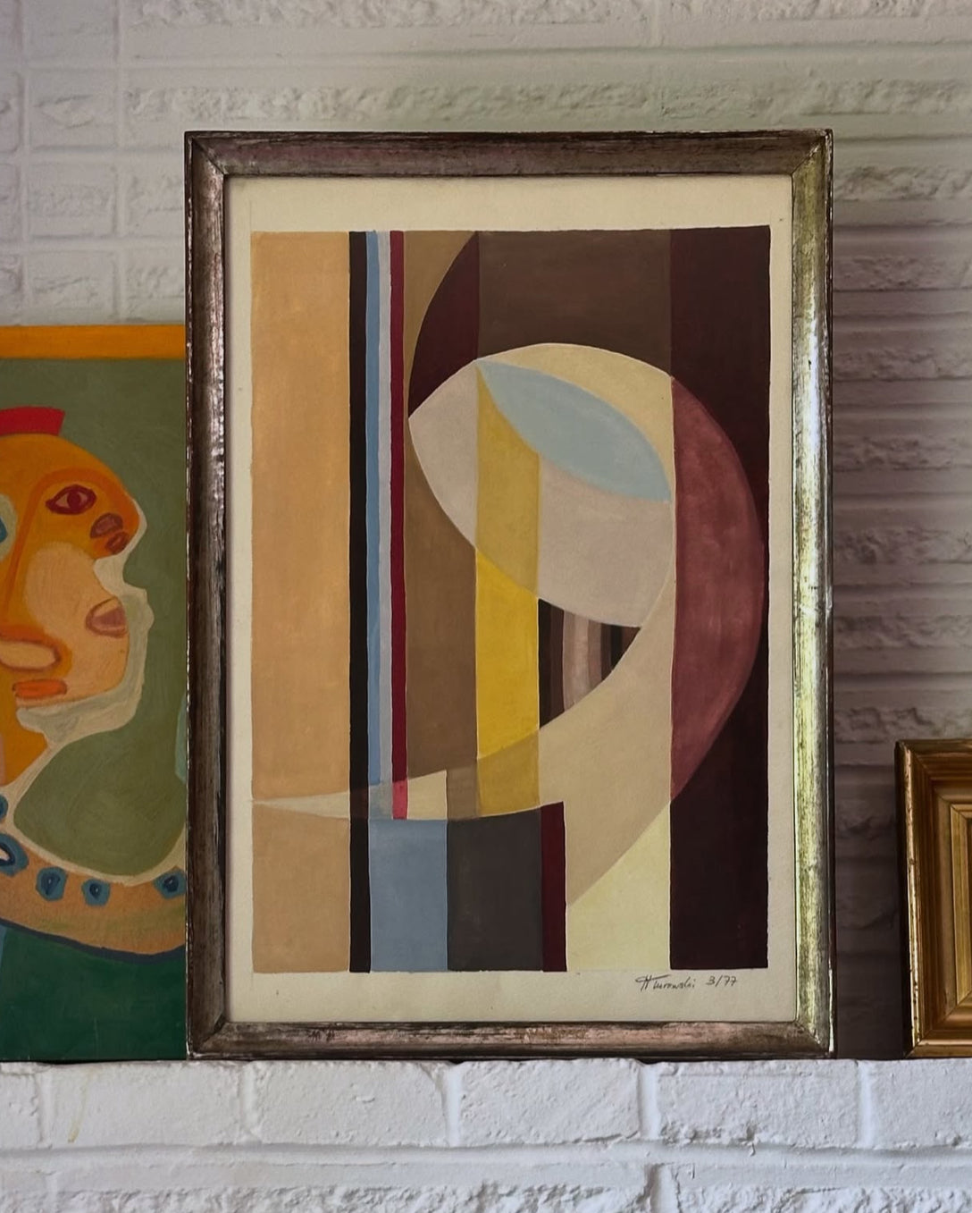 1977 Abstract Watercolor, signed H. Turowski, 19th century silver gilt frame