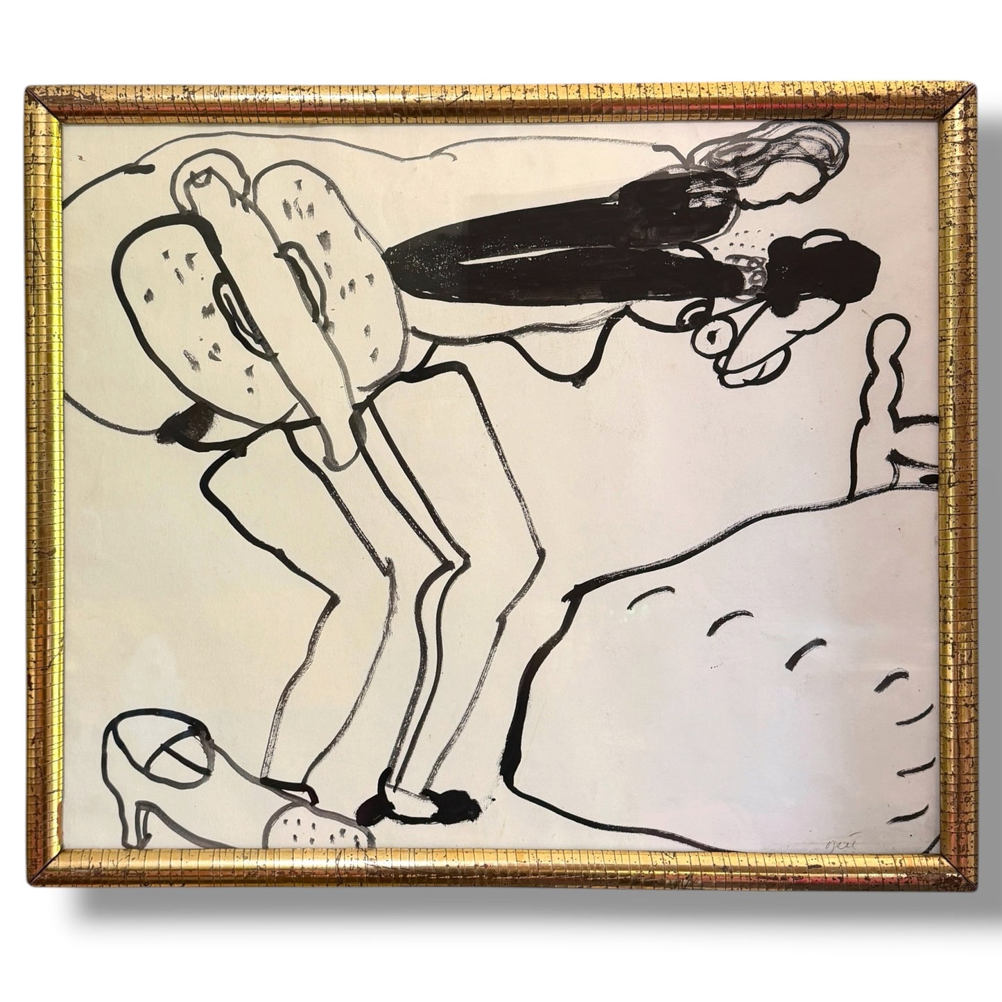 20th Century American John Mart Opie (b. 1936) Abstract Inkwash Painting in Antique Lemon Gold Gilt Frame