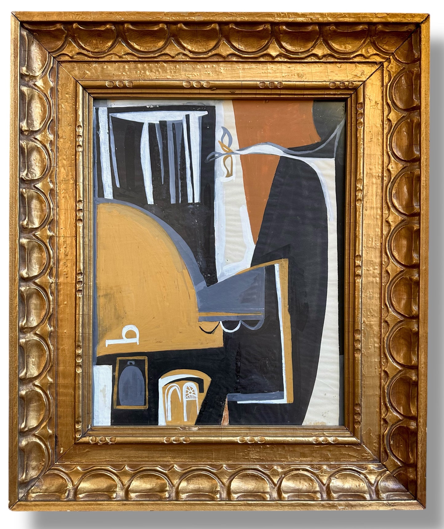 1950s original cubist painting in vintage carved wood frame