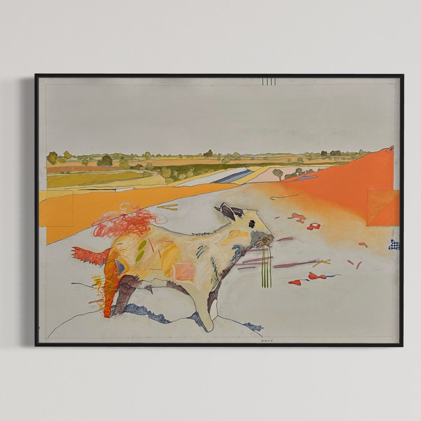 Large Scale 1977 abstract landscape with goat, oil on canvas