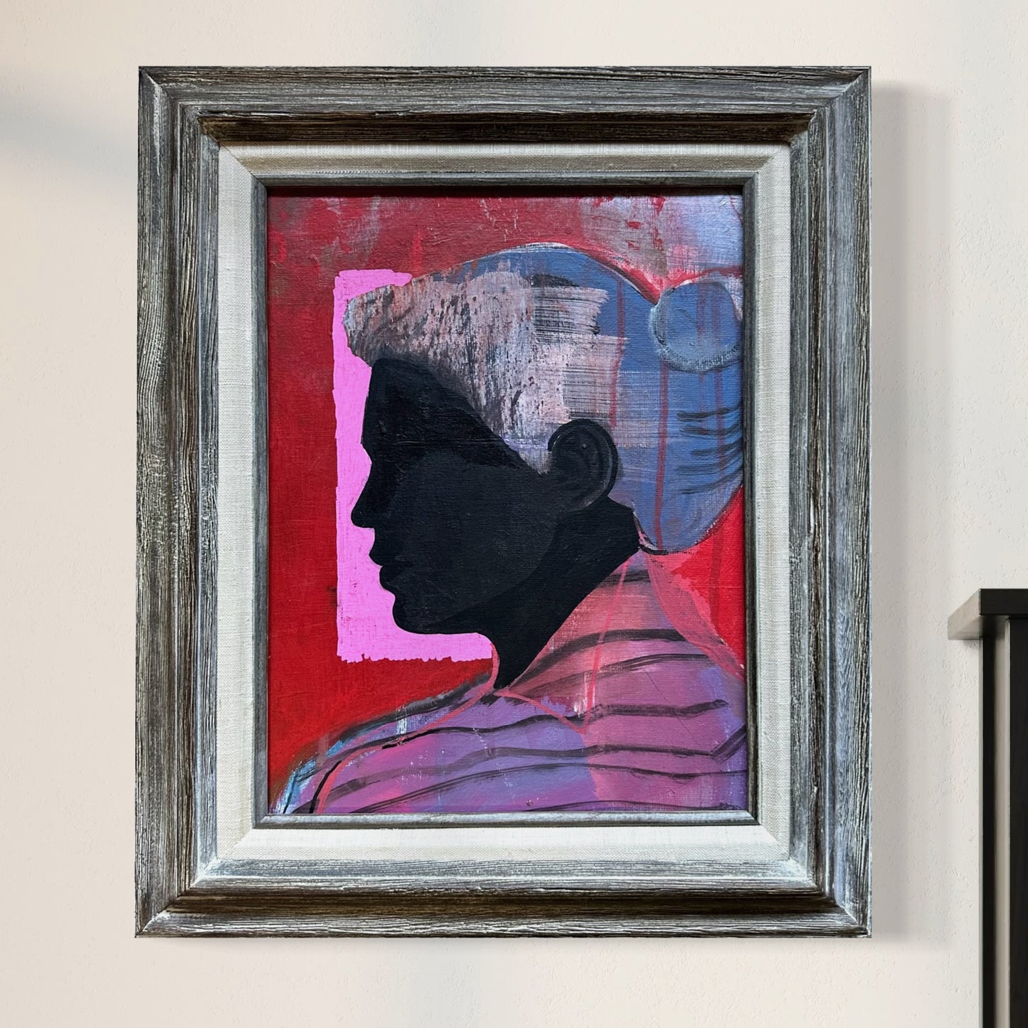 Contemporary abstract silhouette portrait painting in vintage wood frame