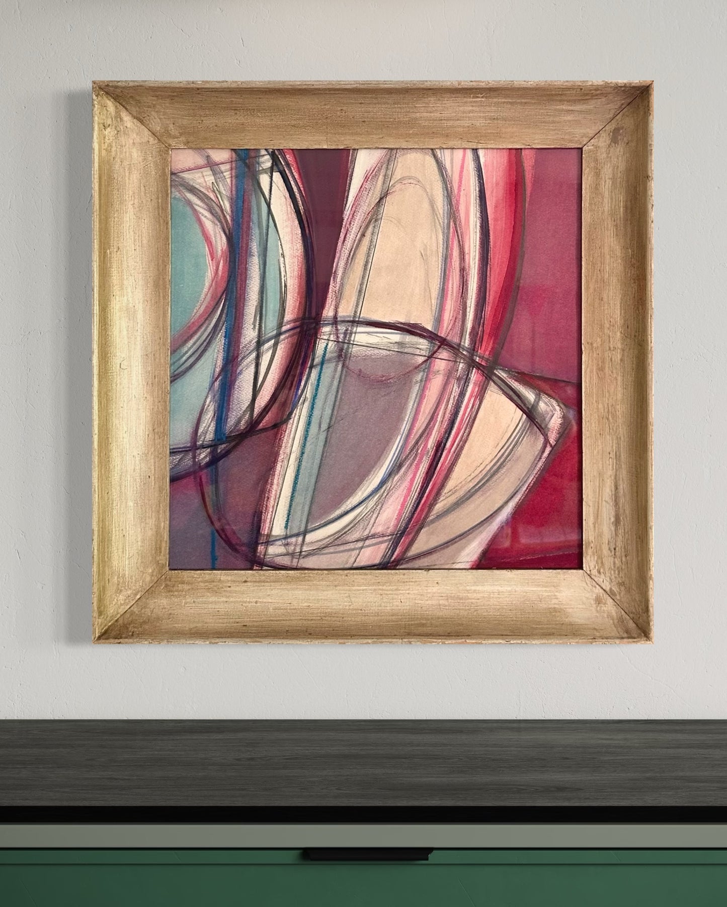 1970s Abstract Paint on Paper, Anita Johnson, Vintage Wood Frame