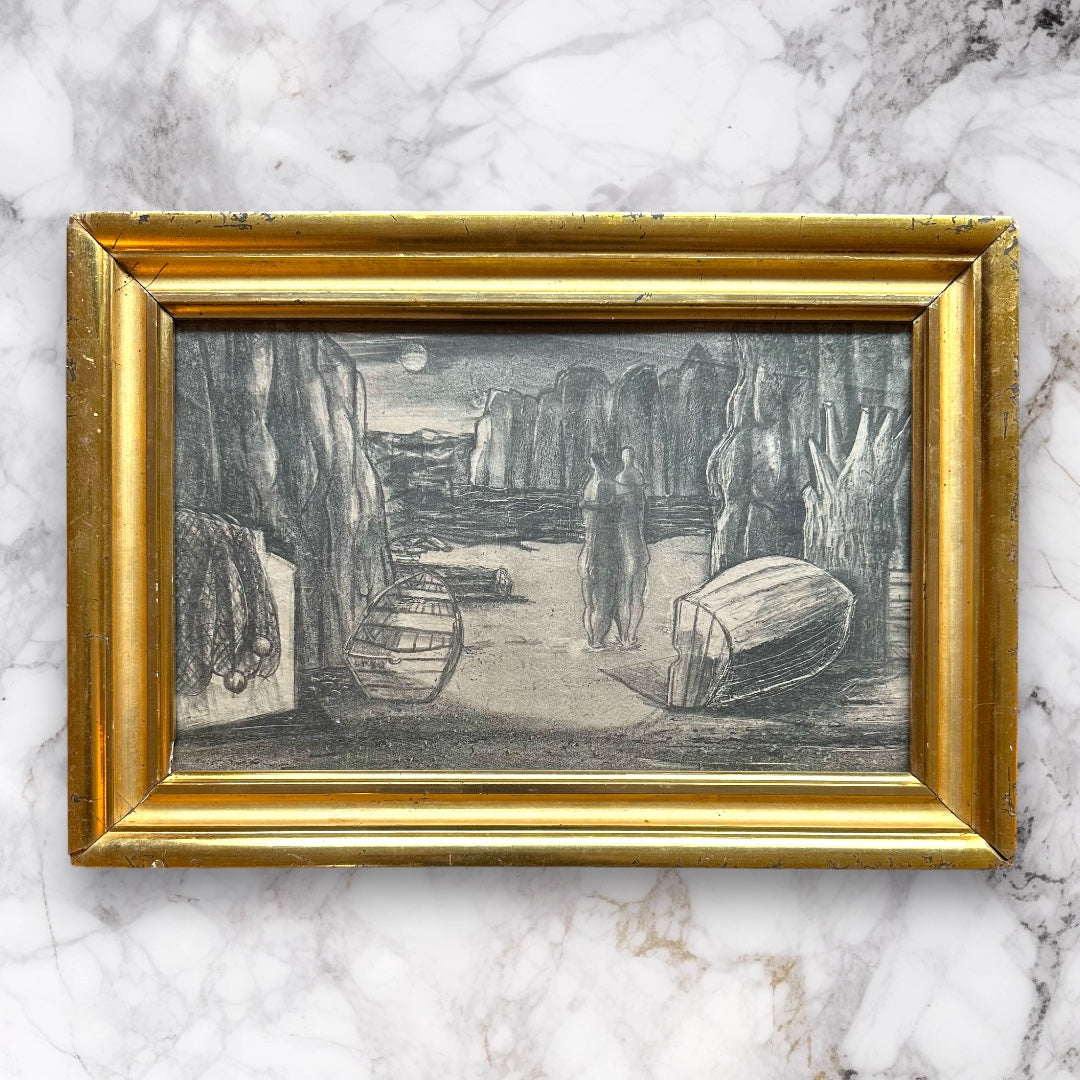 Jack Hammack (1925-1990) original etching, 19th century gilt frame