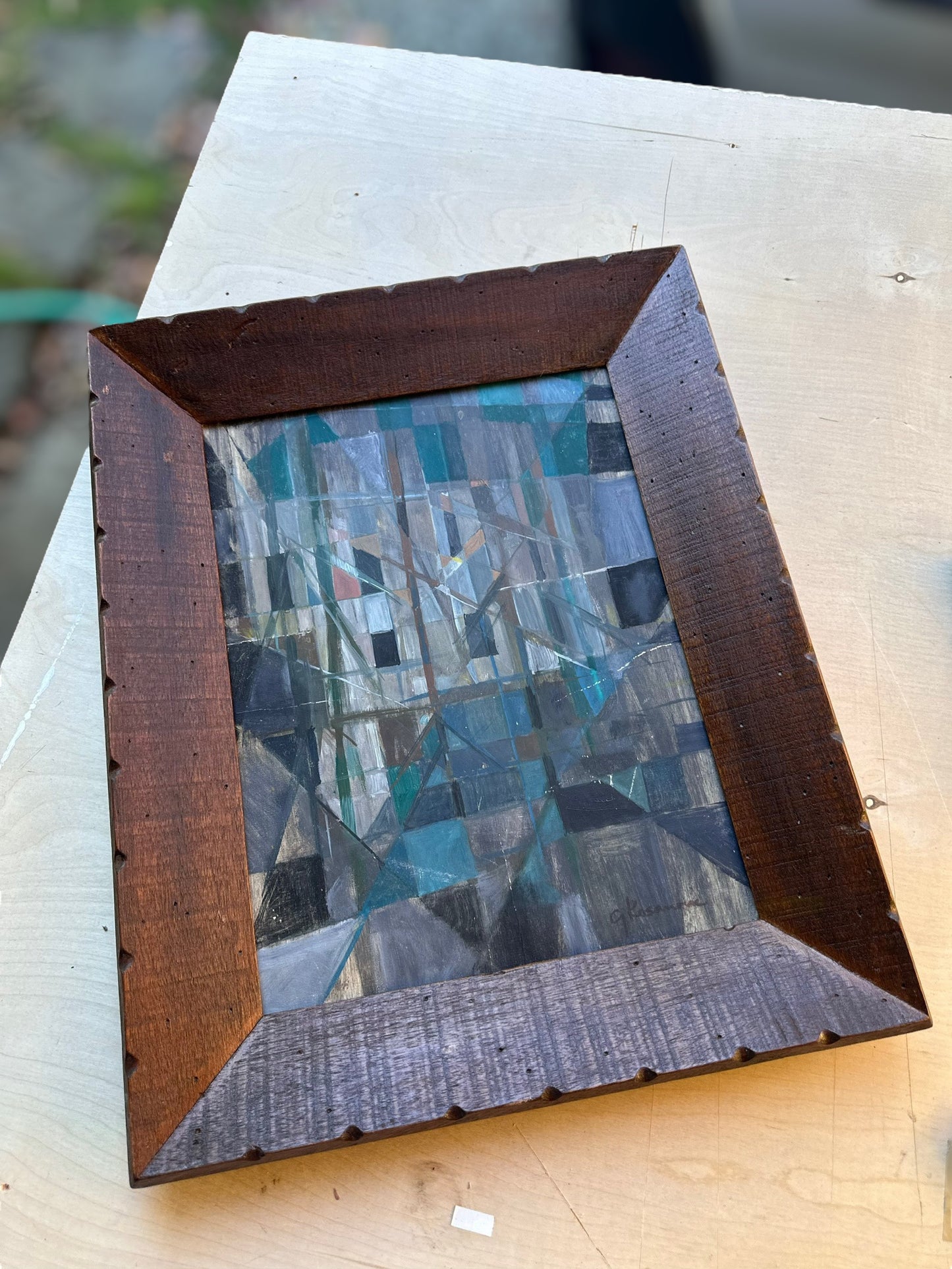 1950s Signed Geometric Abstract Oil on Artist Board, Wood Cove Frame