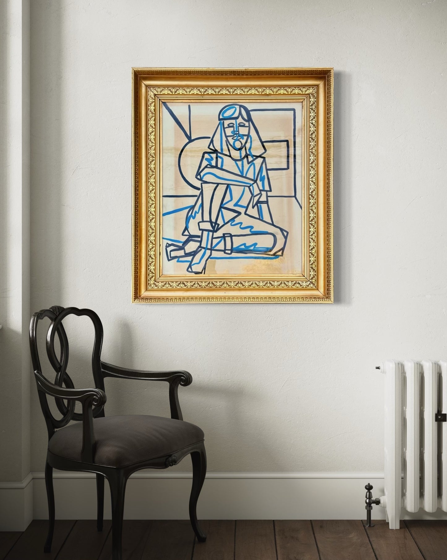 1960s Abstract Figurative Paint on Paper in Large 19th Century Gilt Frame