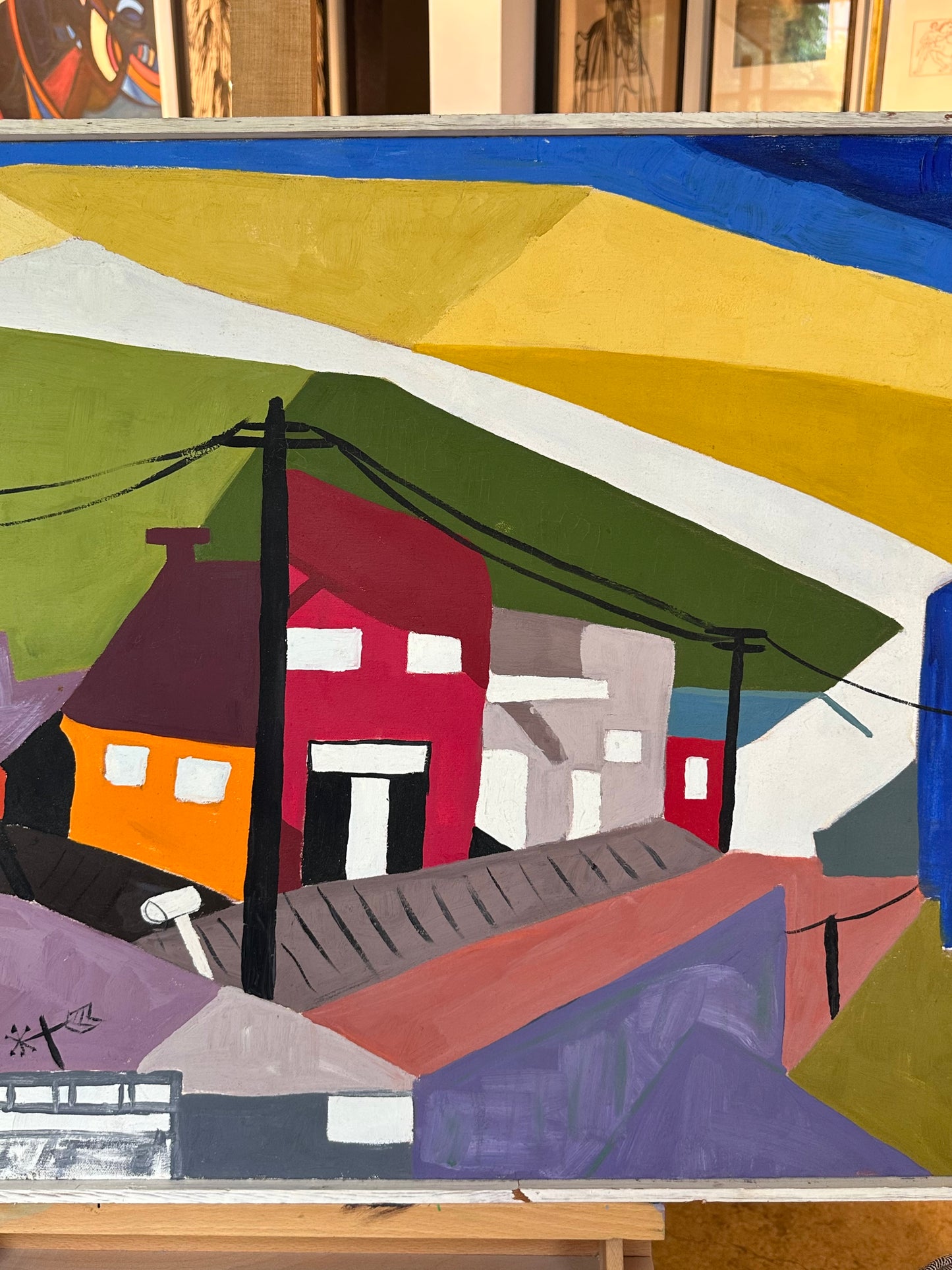 Mid 20th Century Abstract Cubist Street Scene Painting on Canvas