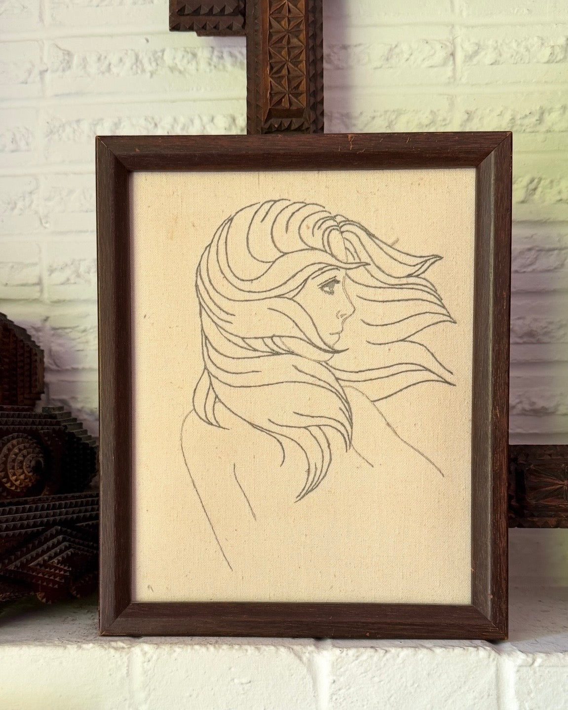 Circa 1970s Hand Embroidered Portrait on Canvas, Framed