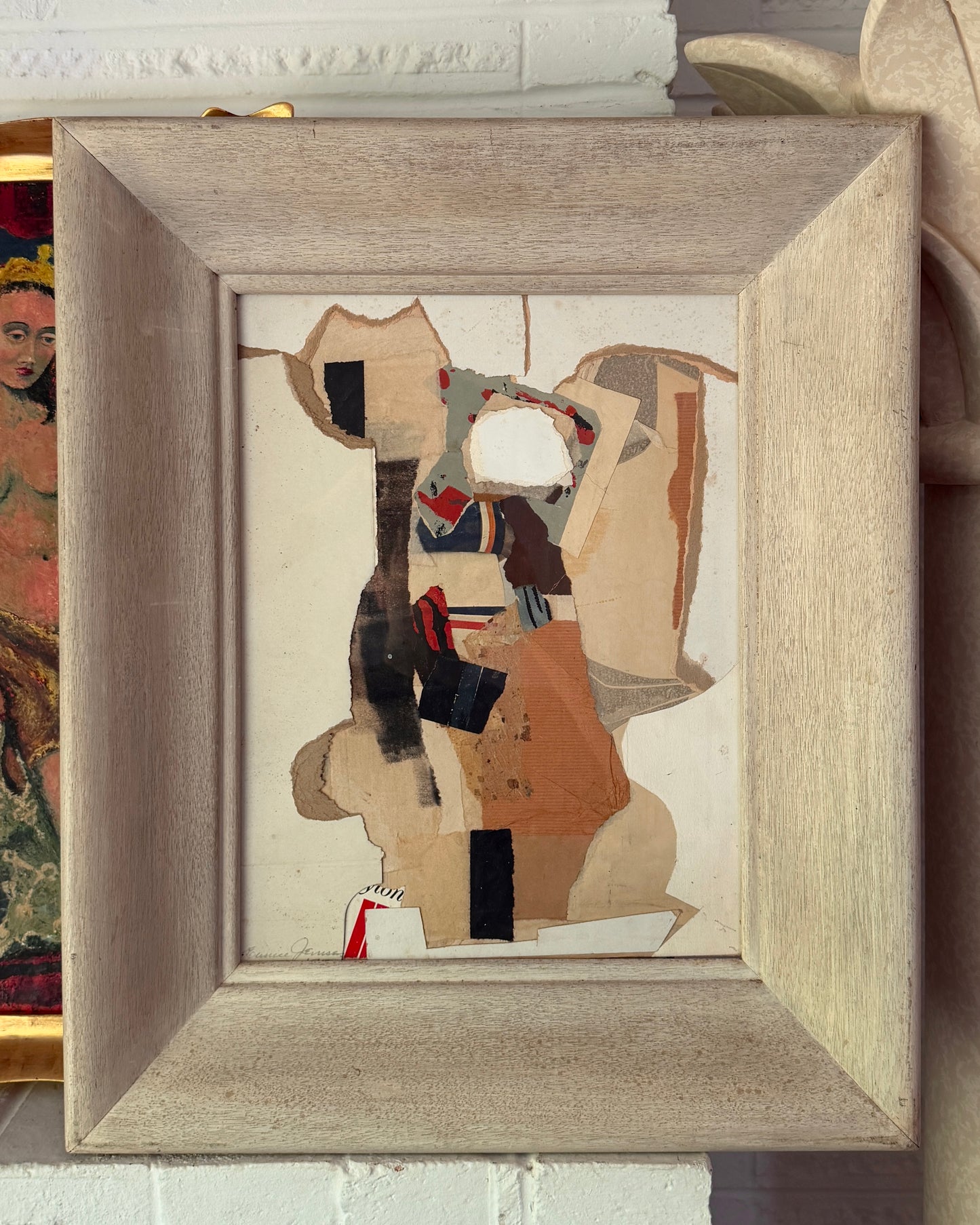 Eunice Jensen Parsons (1916-2024) Early Modernist Mixed Media Collage 1970s, Vintage Deep Cove Wood Frame