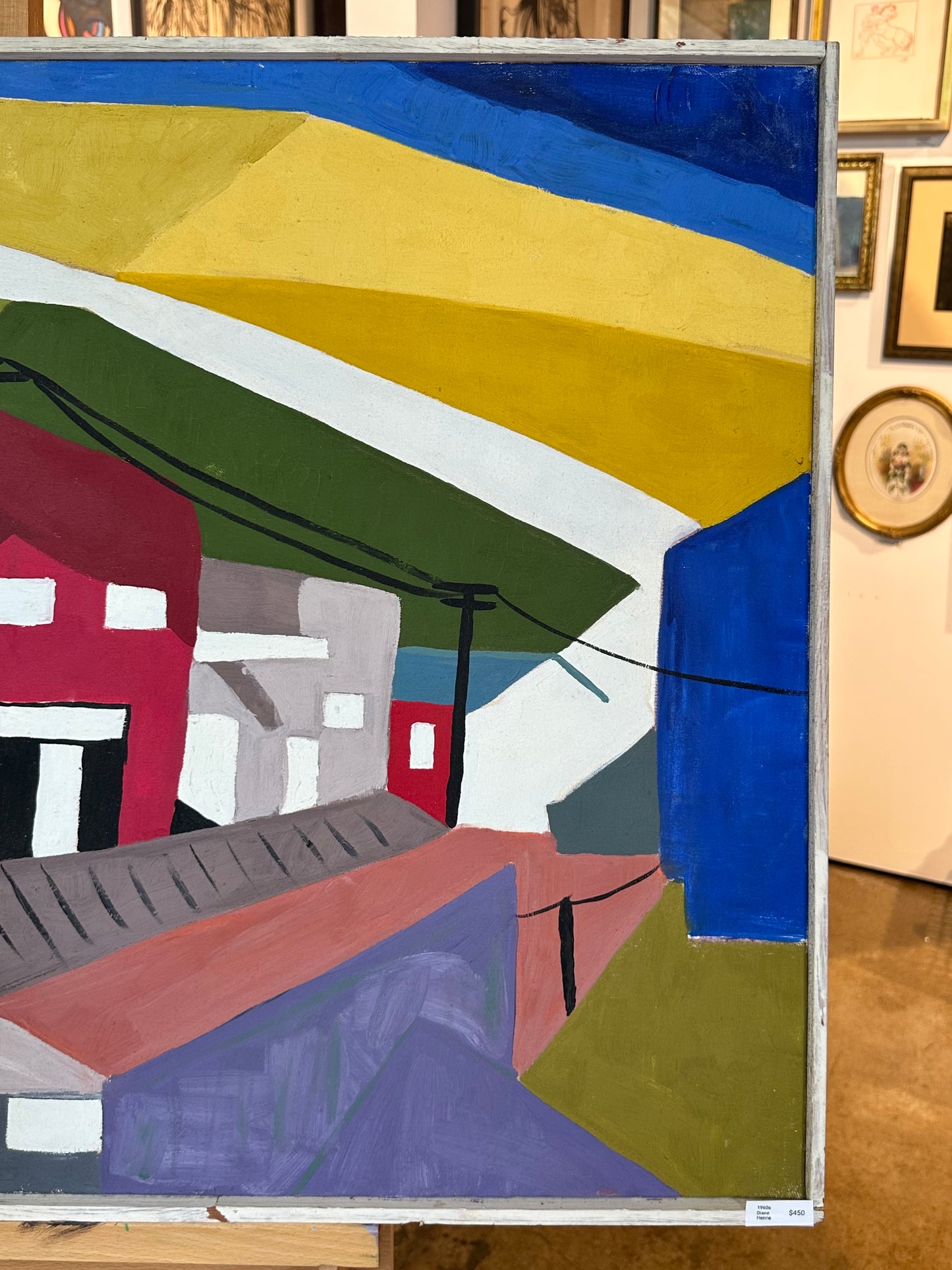 Mid 20th Century Abstract Cubist Street Scene Painting on Canvas