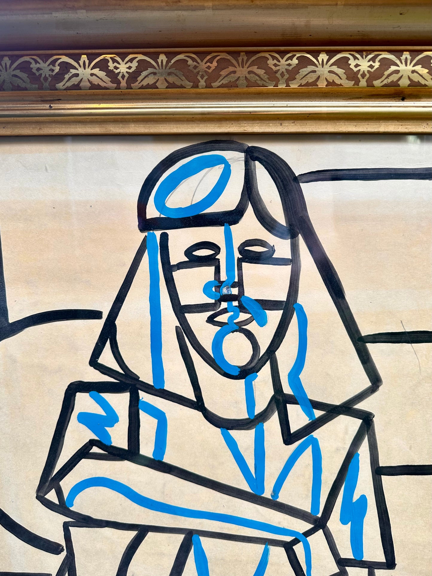 1960s Abstract Figurative Paint on Paper in Large 19th Century Gilt Frame