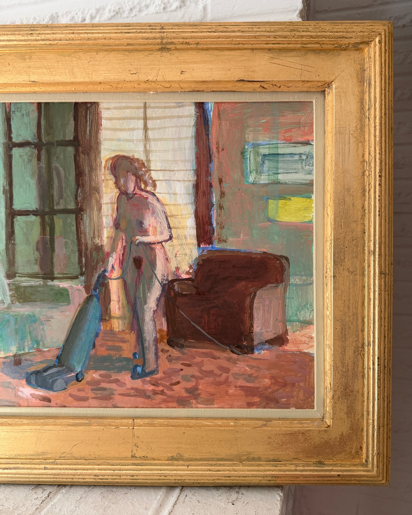 20th Century American John Mart Opie (b. 1936) Nude Vacuuming Painting on Board, Artist Framed
