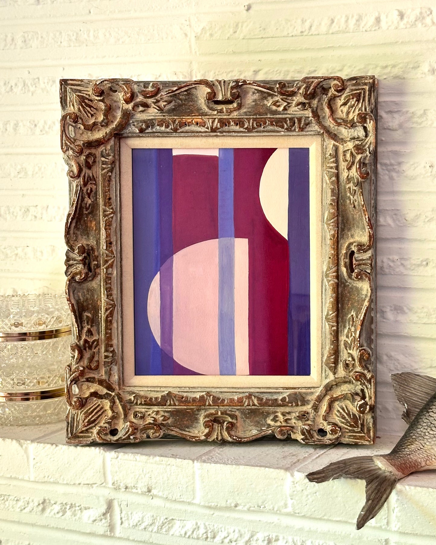 1977 Abstract Watercolor, signed H. Turowski, vintage ornate wood frame