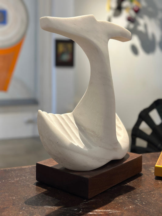 White marble sculpture by PNW artist Ted Shillock (b.1944)